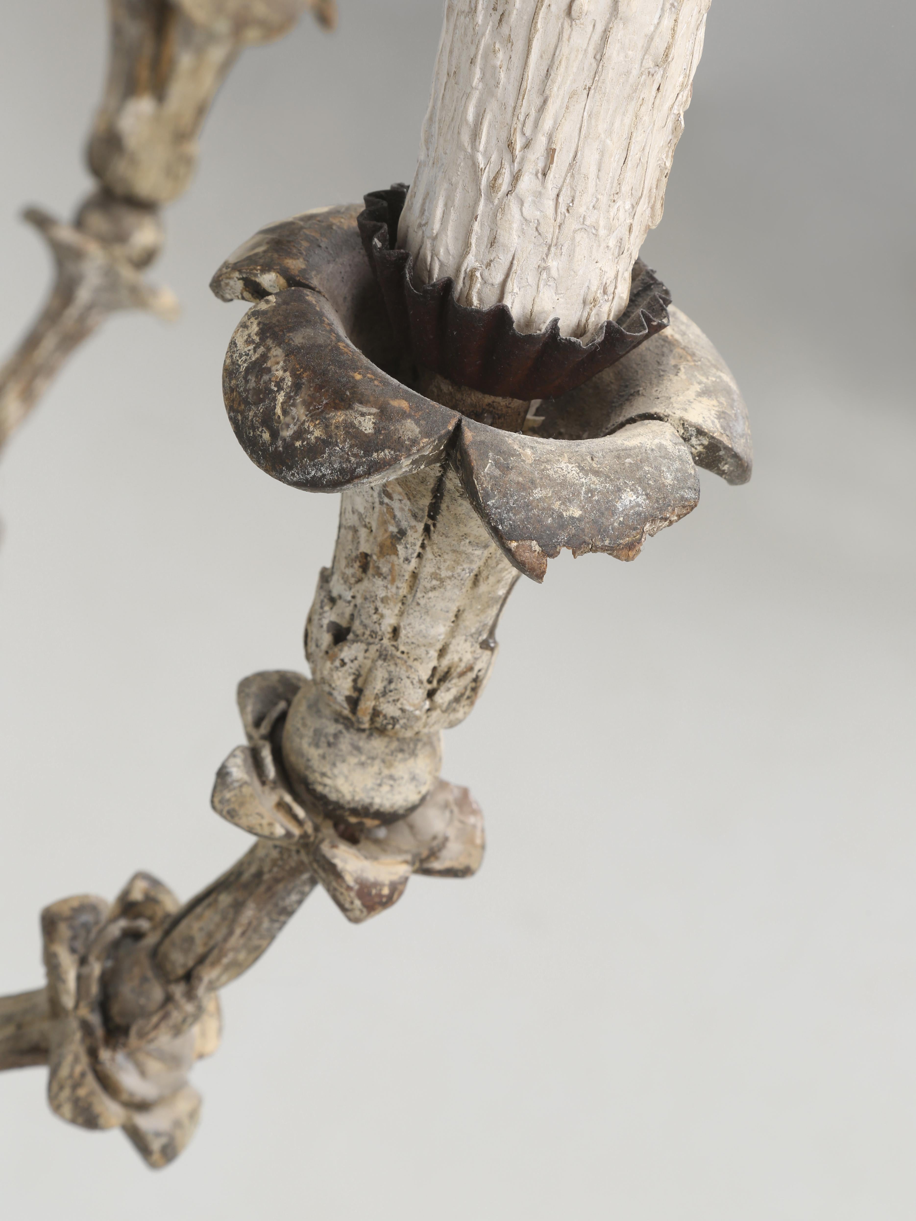 Antique Italian Chandelier Hand-Carved Wood in Old Paint Rewired Great Patina For Sale 2