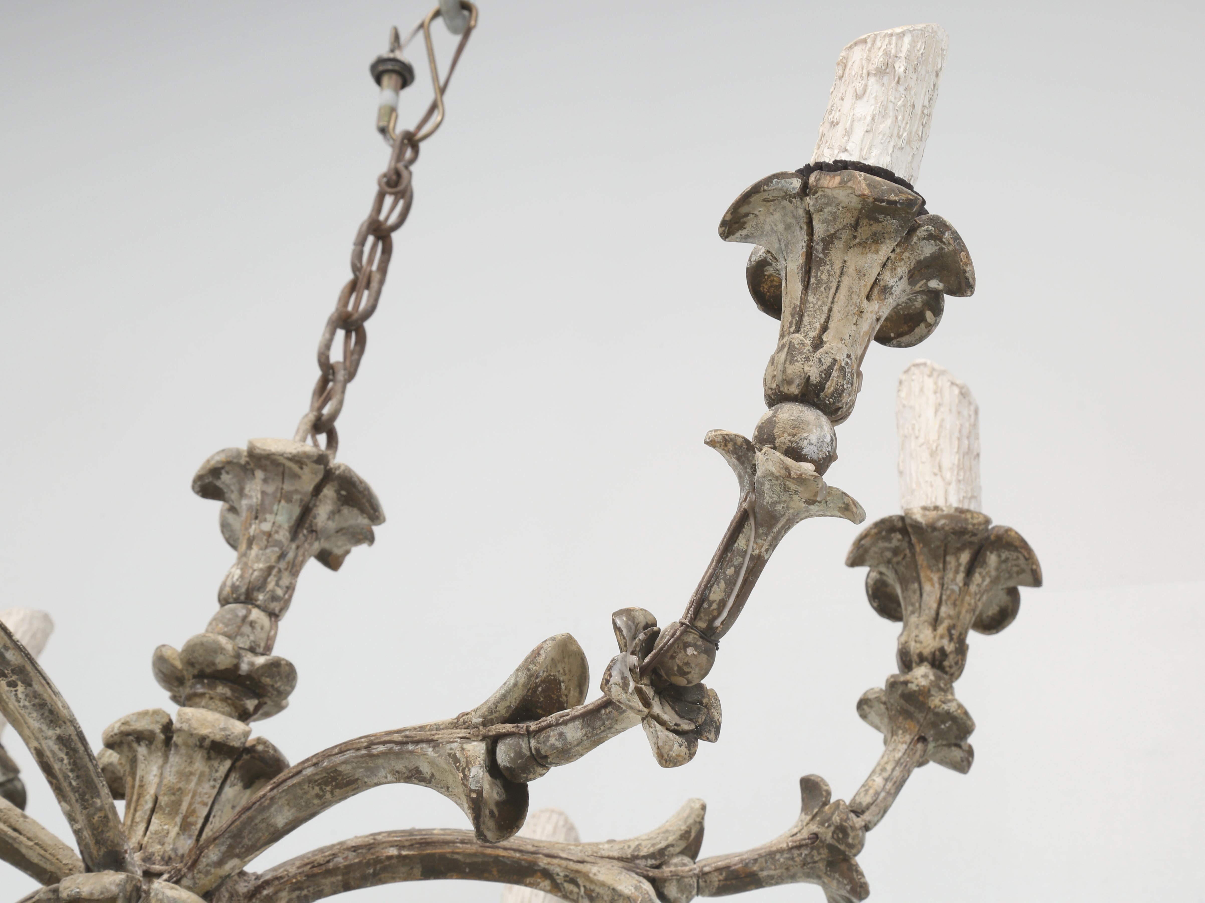 Antique Italian Chandelier Hand-Carved Wood in Old Paint Rewired Great Patina For Sale 3