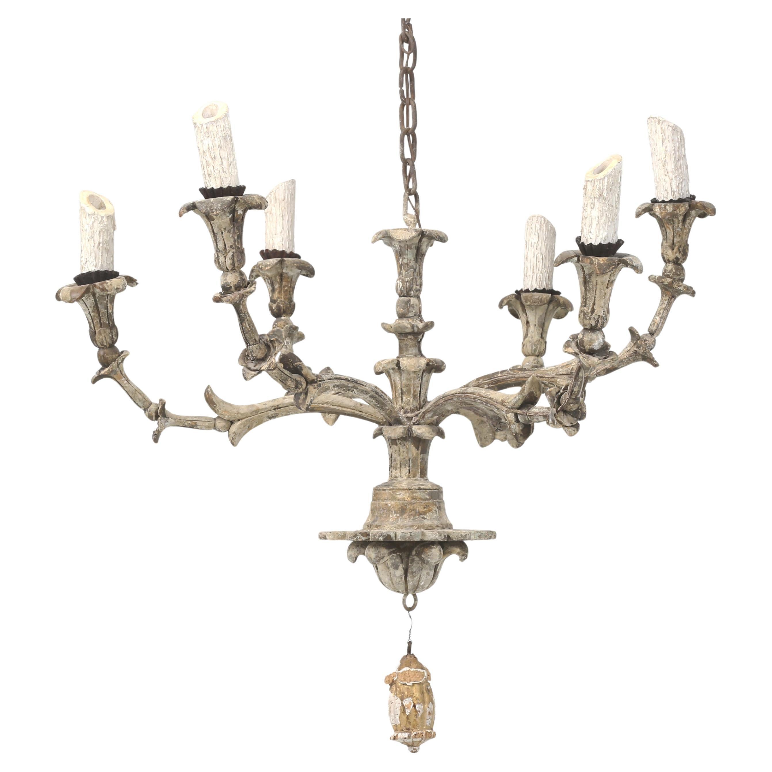 Antique Italian Chandelier Hand-Carved Wood in Old Paint Rewired Great Patina For Sale