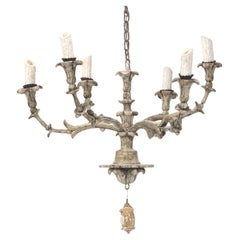 Antique Italian Chandelier Hand-Carved Wood in Old Paint Rewired Great Patina