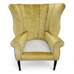 Antique Italian Channeled Barrel Back Armchair with Walnut Legs in Mohair