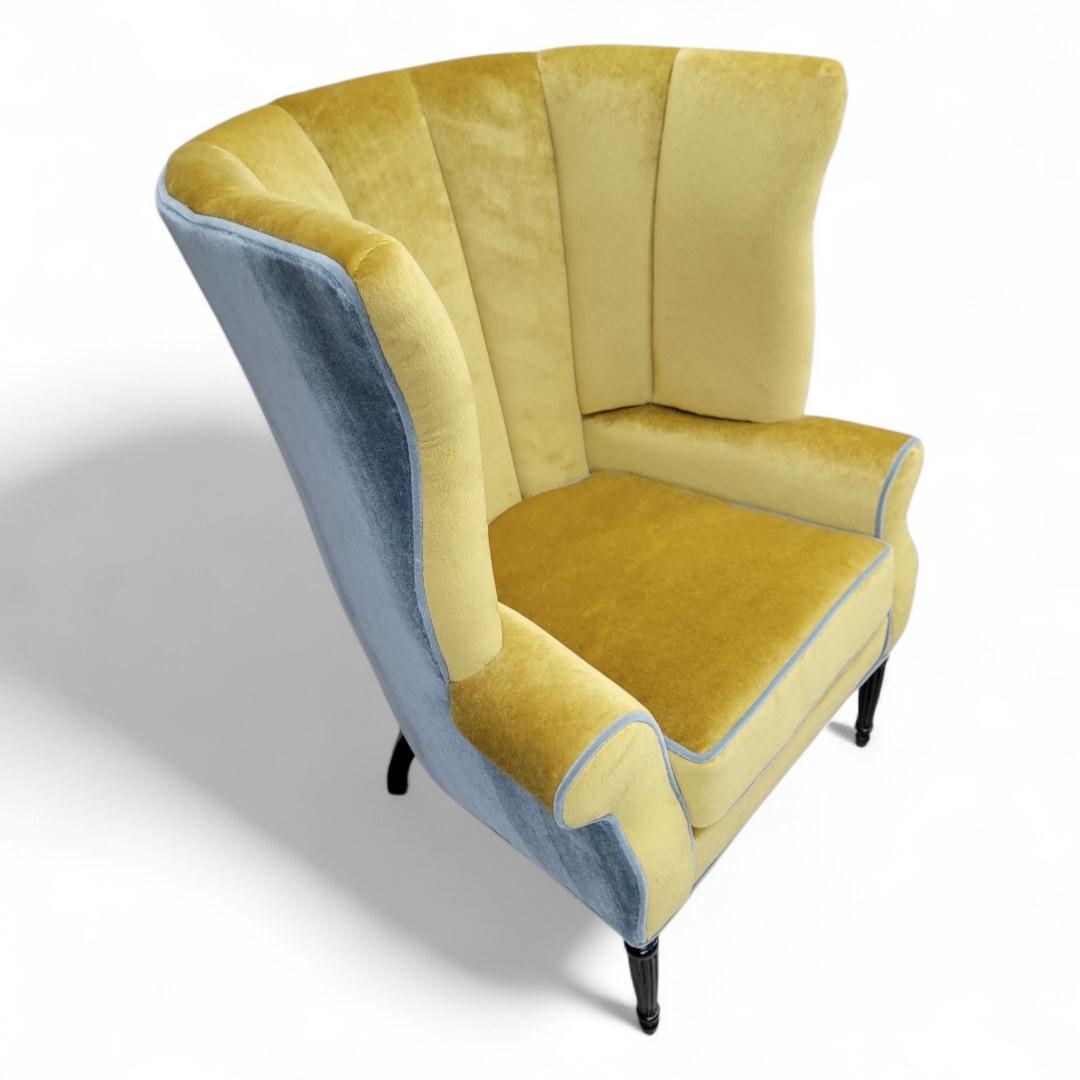 Country Antique Italian Channeled Barrel Back Armchair with Walnut Legs in Mohair For Sale