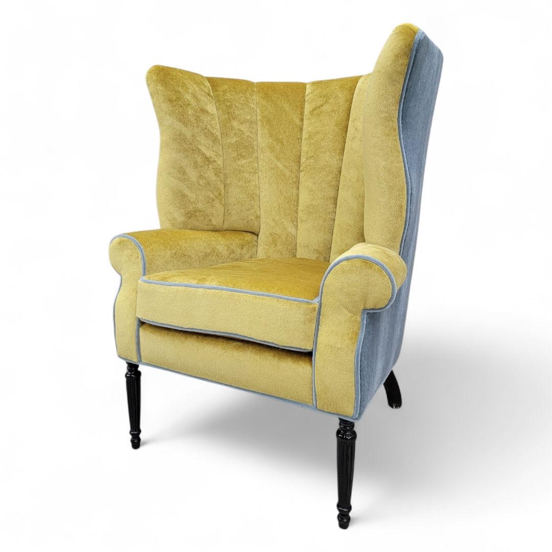 20th Century Antique Italian Channeled Barrel Back Armchair with Walnut Legs in Mohair For Sale