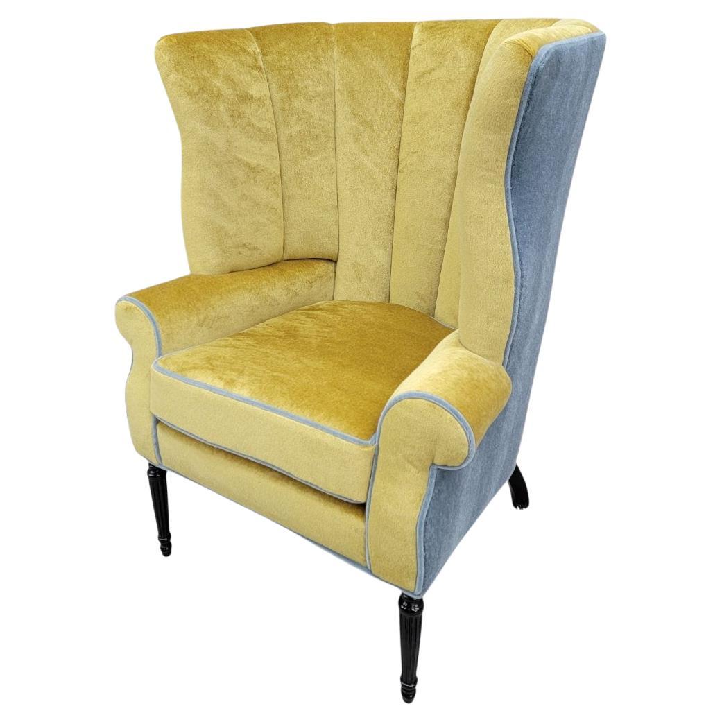 Antique Italian Channeled Barrel Back Armchair with Walnut Legs in Mohair For Sale