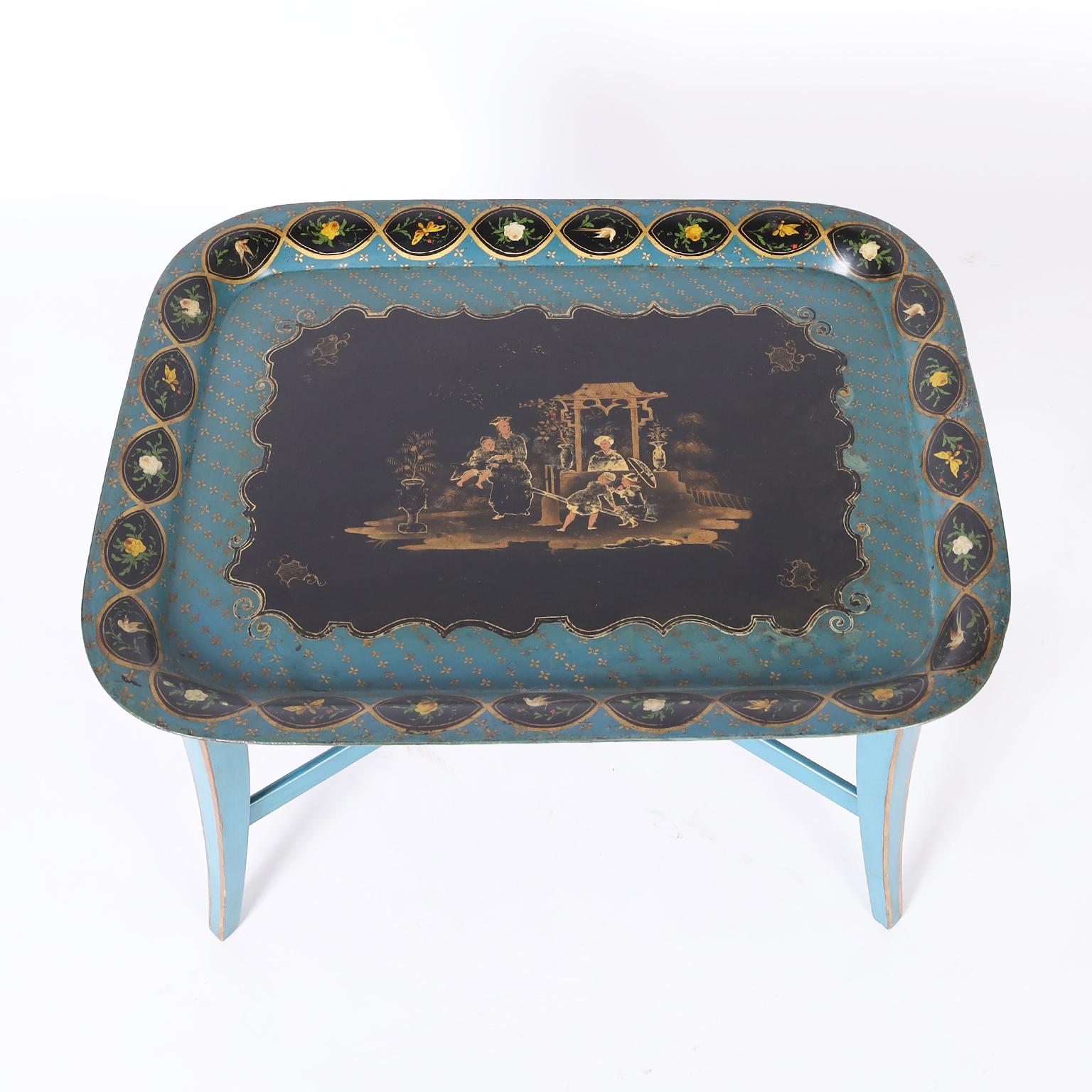 Hand-Painted Antique Italian Chinoiserie Tole Tray Table