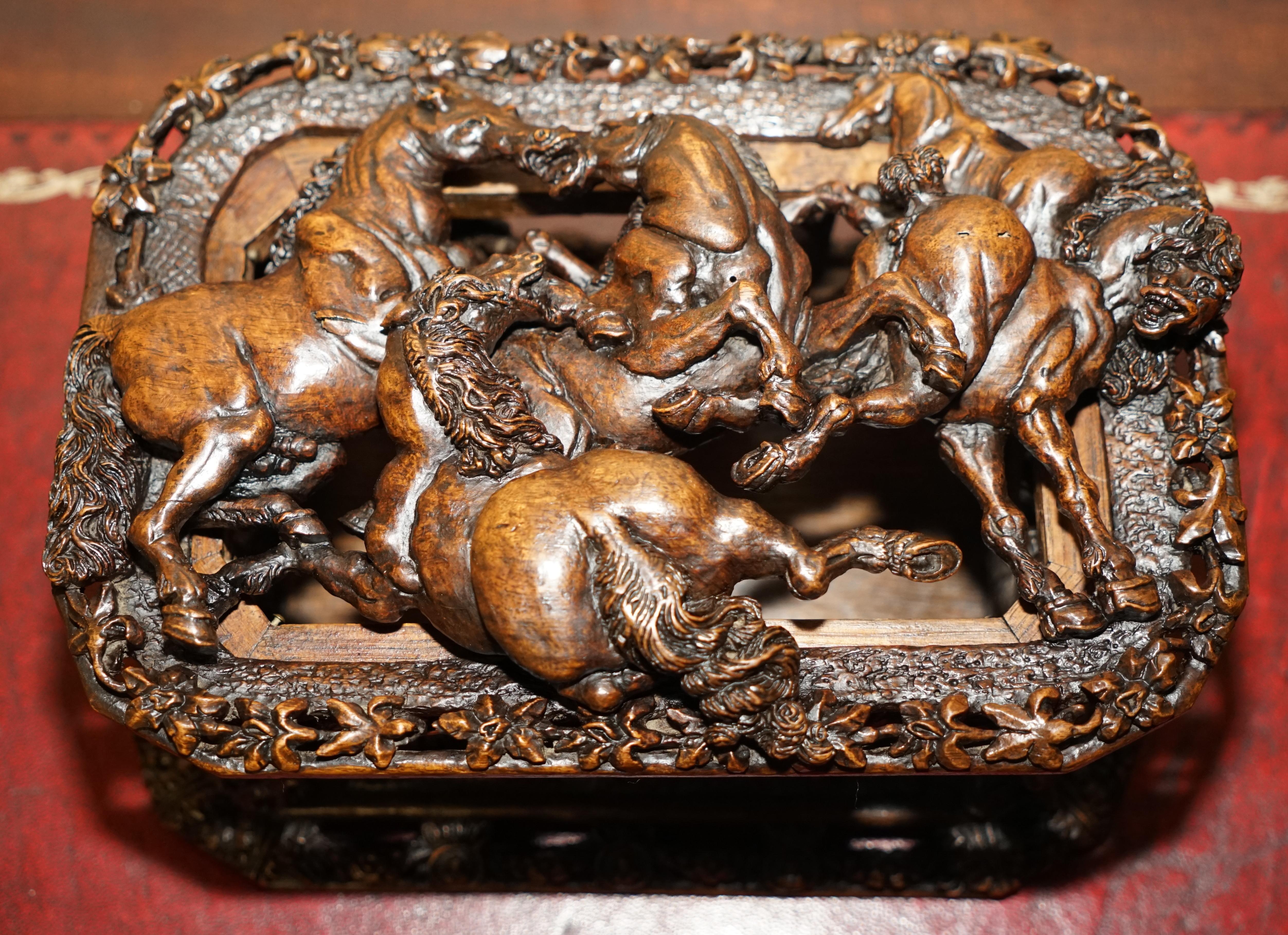 Walnut ANTiQUE ITALIAN CIRCA 1840 HEAVILY CARVED BOX DEPICTING STALLION HORSES MUST SEE For Sale
