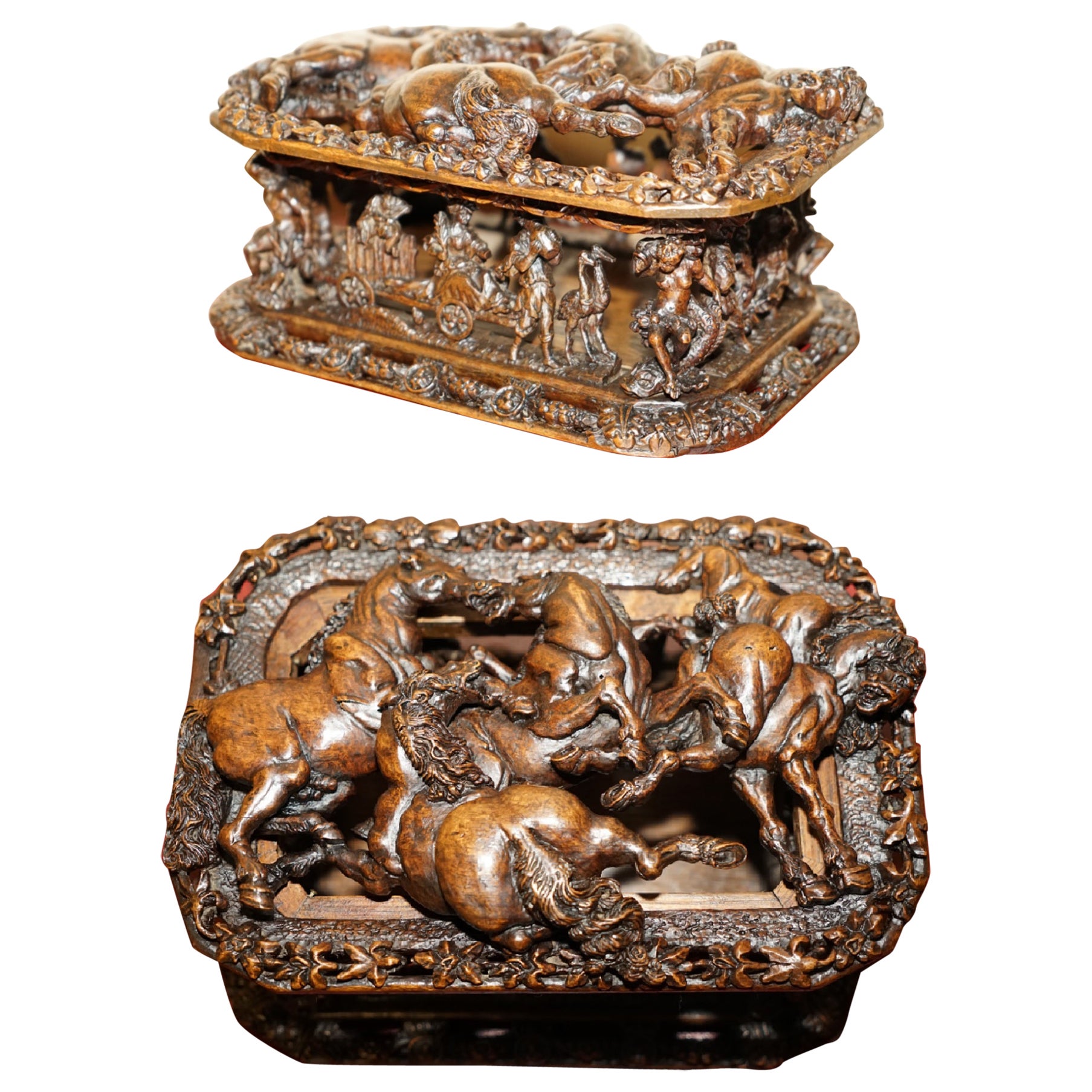 ANTiQUE ITALIENNE CIRCA 1840 BOÎTE HAUTEMENT CARVÉE REPRÉSENTANT DES CHEVAUX DE STALLION A VOIR ABSOLUMENT