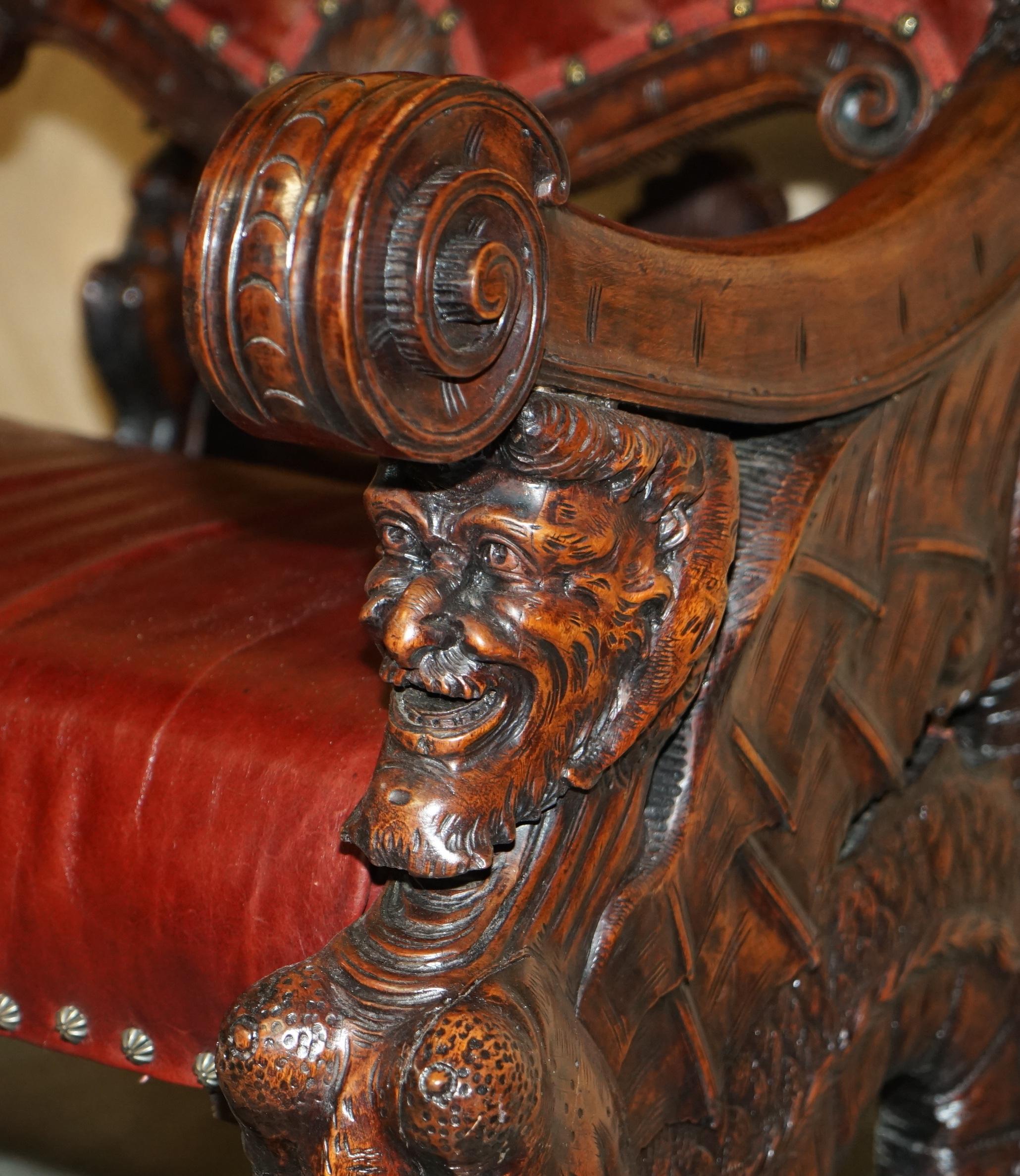 ANTIQUE ITALIAN CIRCA 1850 HAND CARVED FRUITWOOD LEATHER ROCKiNG ARMCHAIR For Sale 3