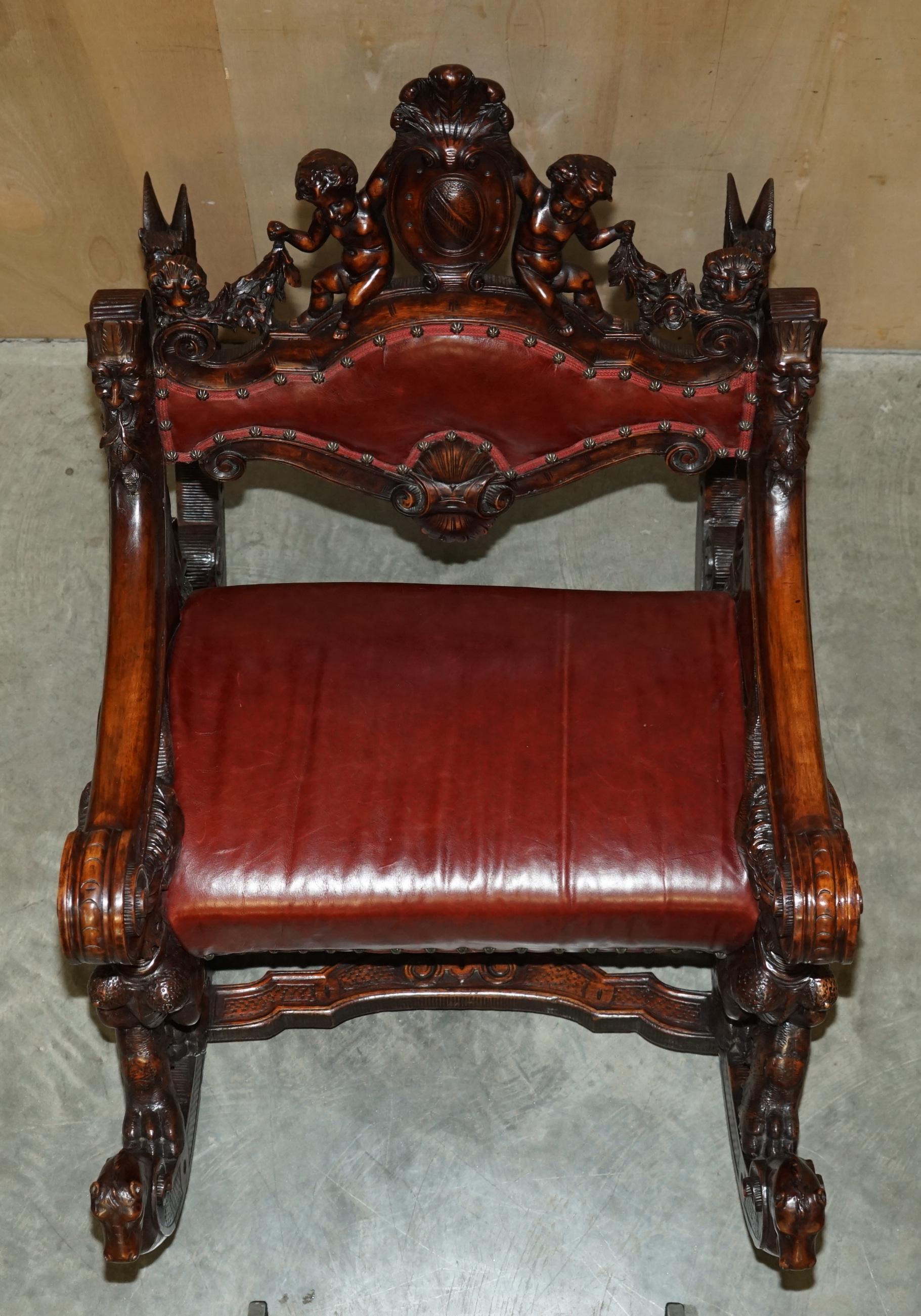 ANTIQUE ITALIAN CIRCA 1850 HAND CARVED FRUITWOOD LEATHER ROCKiNG ARMCHAIR For Sale 6