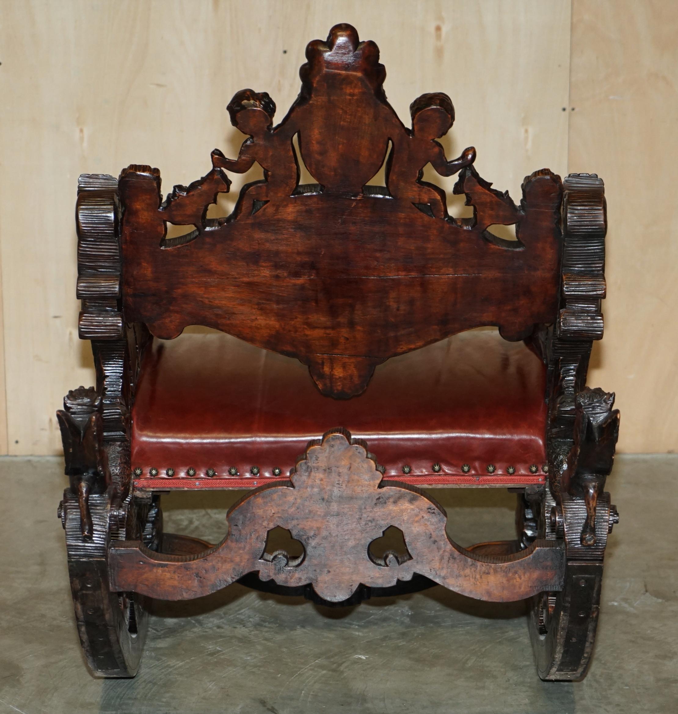 ANTIQUE ITALIAN CIRCA 1850 HAND CARVED FRUITWOOD LEATHER ROCKiNG ARMCHAIR For Sale 9
