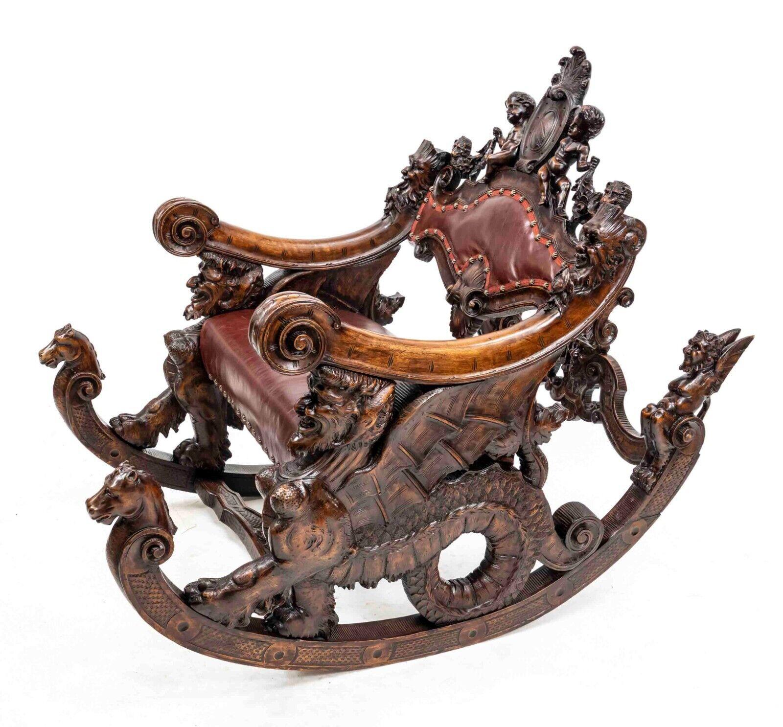 We are delighted to offer for sale this lovely very rare circa 1850 hand made in Venice Italy carved Fruitwood rocking armchair depicting Sea horses, Cherubs, and gothic gargoyles said to ward off evil spirits.

A fantastic looking and well made