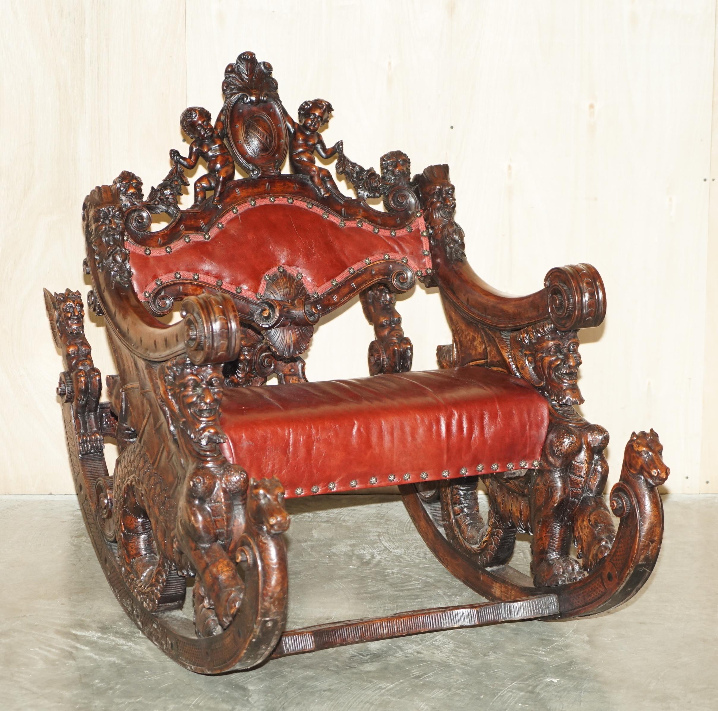 Royal House Antiques

Royal House Antiques is delighted to offer for sale this lovely very rare circa 1850 hand made in Venice Italy carved Fruitwood rocking armchair depicting Sea horses, Cherubs, and gothic gargoyles said to ward off evil