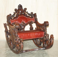 ANTIQUE ITALIAN CIRCA 1850 HAND CARVED FRUITWOOD LEATHER ROCKiNG ARMCHAIR