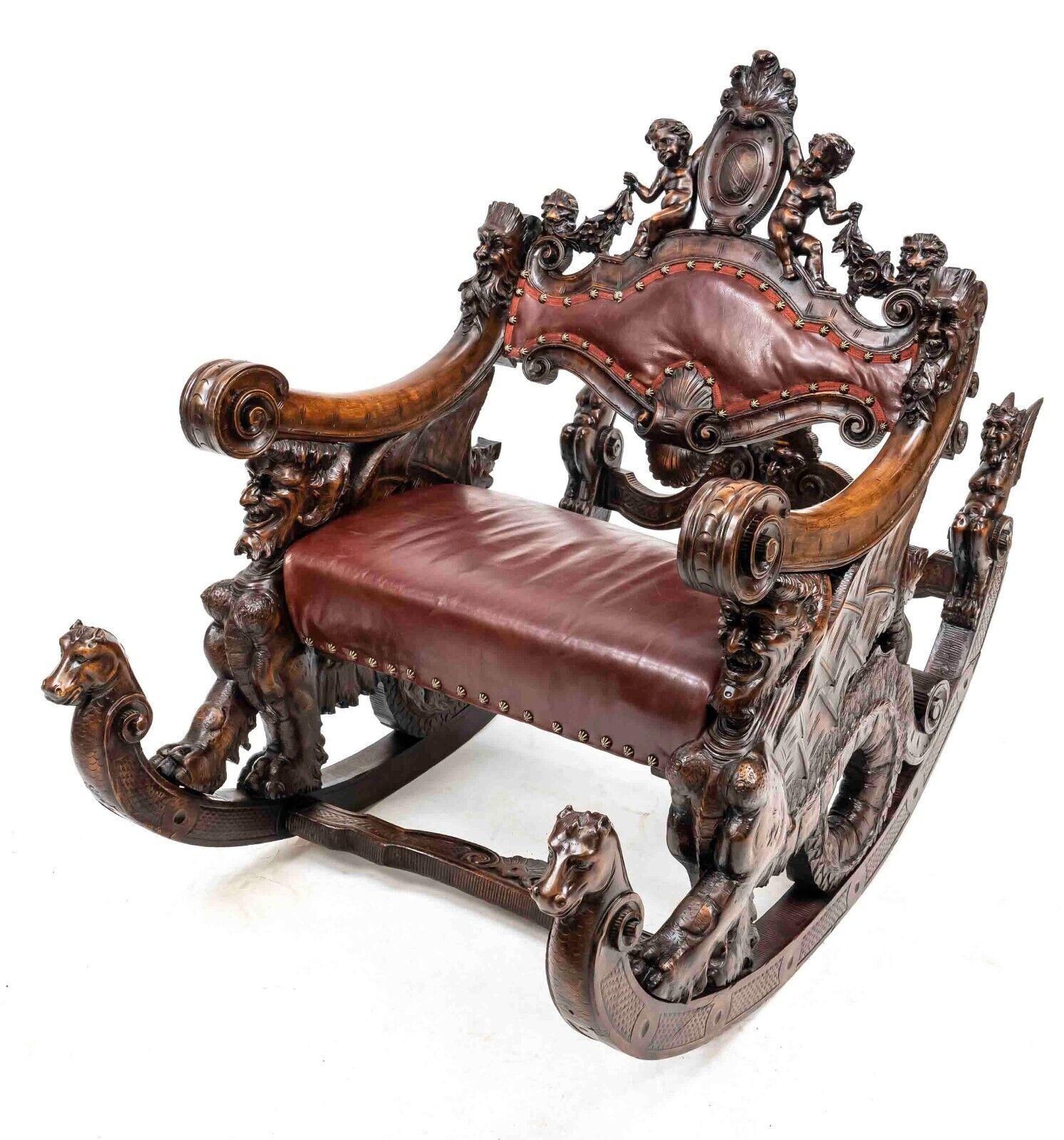 Early Victorian Antique Italian circa 1850 Hand Carved Fruitwood Leather Rocking Armchair