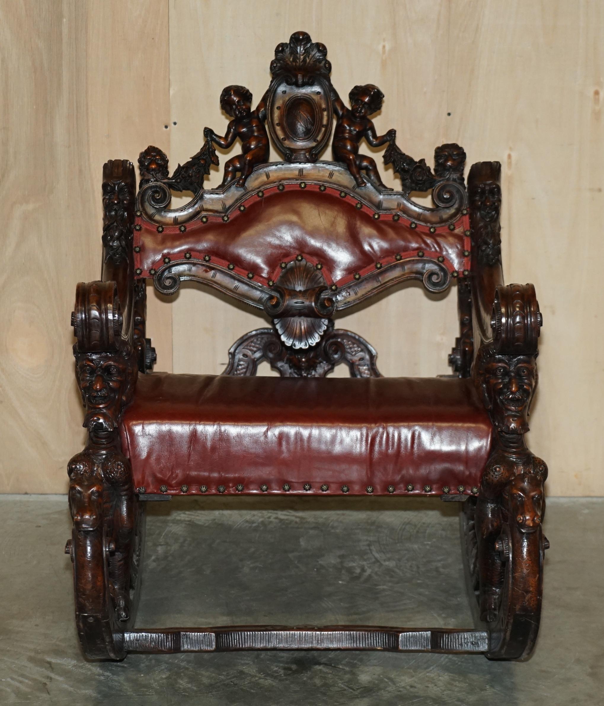Early Victorian ANTIQUE ITALIAN CIRCA 1850 HAND CARVED FRUITWOOD LEATHER ROCKiNG ARMCHAIR For Sale