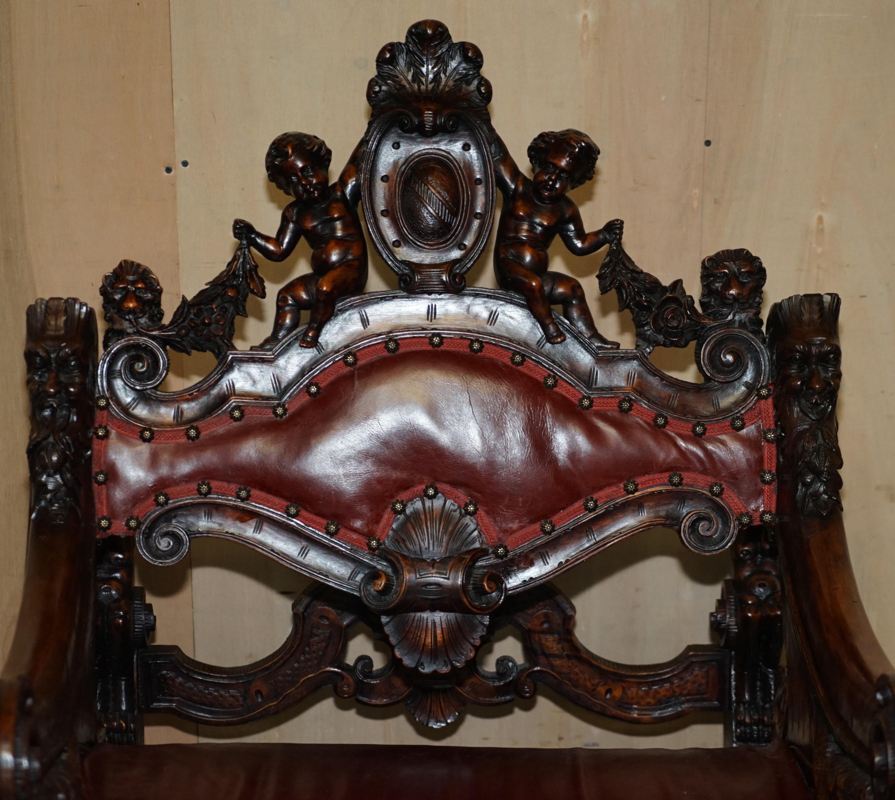 Italian ANTIQUE ITALIAN CIRCA 1850 HAND CARVED FRUITWOOD LEATHER ROCKiNG ARMCHAIR For Sale