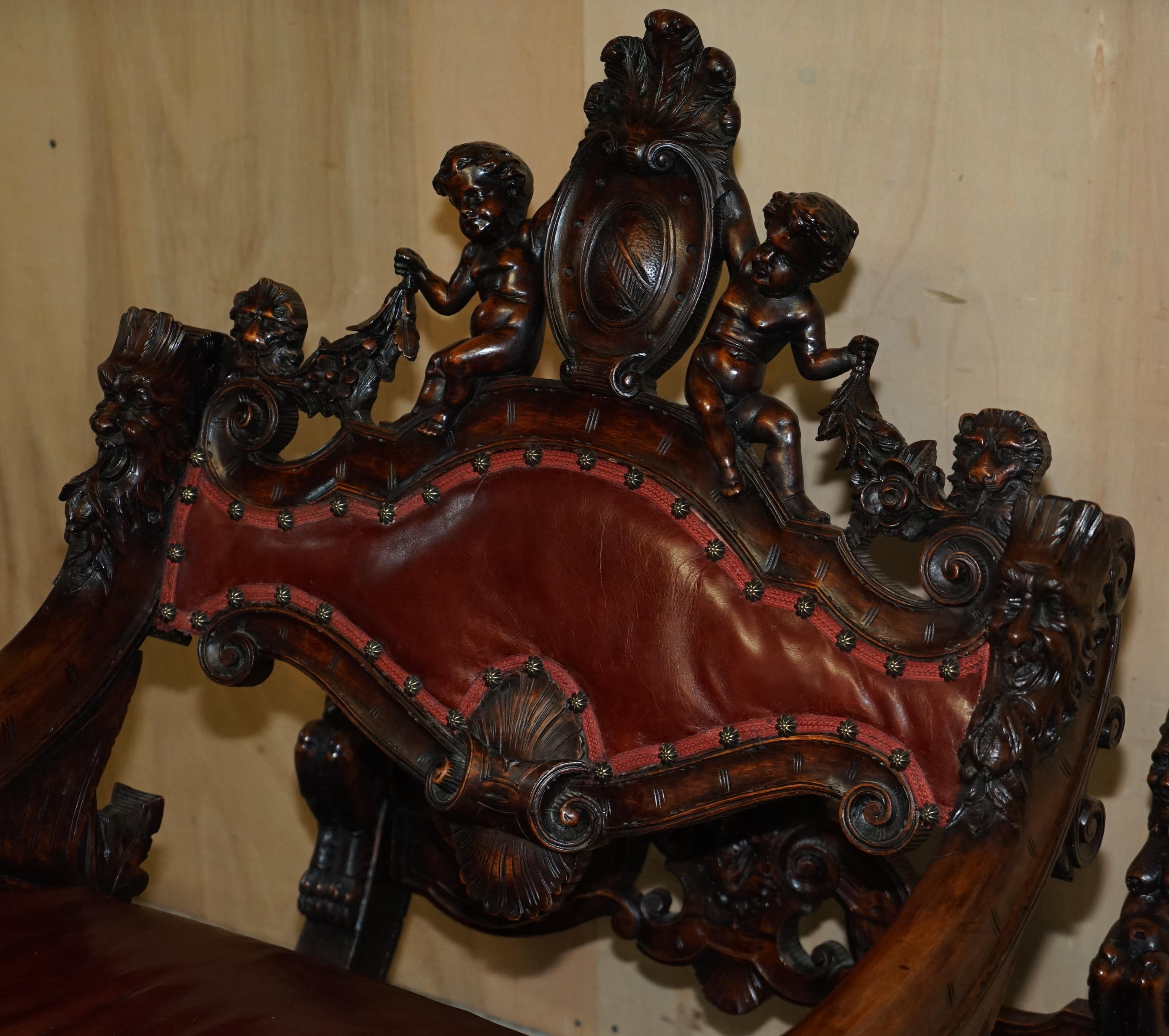 Hand-Crafted ANTIQUE ITALIAN CIRCA 1850 HAND CARVED FRUITWOOD LEATHER ROCKiNG ARMCHAIR For Sale