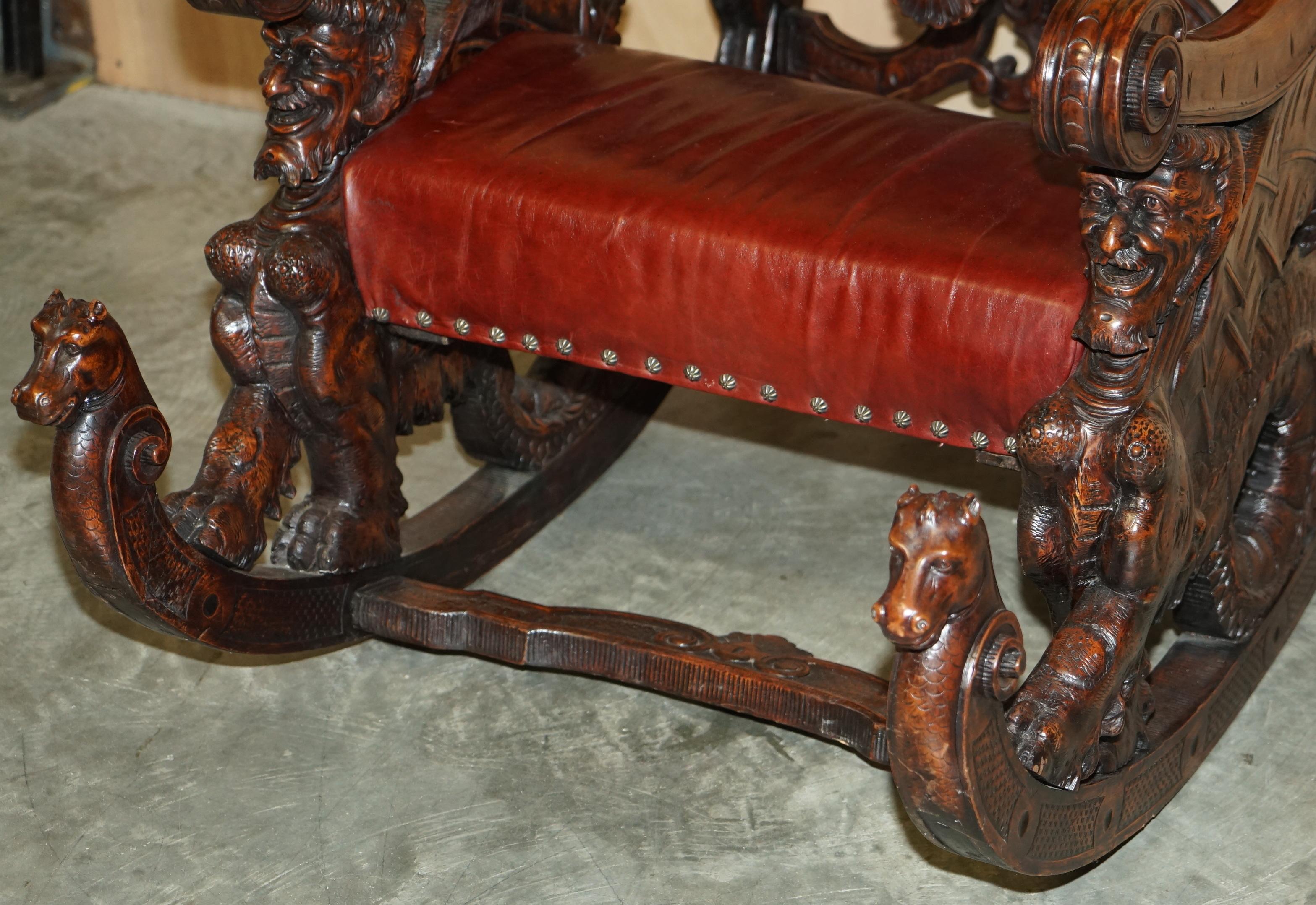 Mid-19th Century ANTIQUE ITALIAN CIRCA 1850 HAND CARVED FRUITWOOD LEATHER ROCKiNG ARMCHAIR For Sale