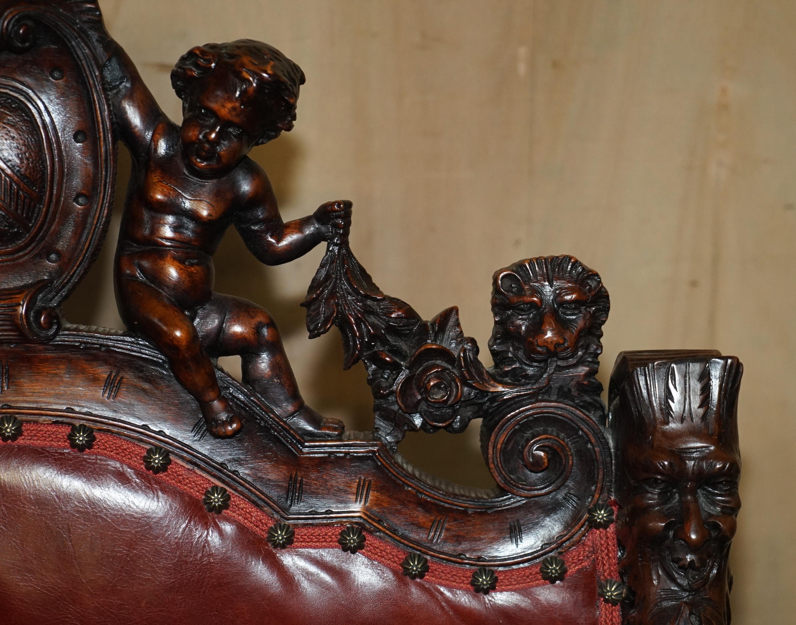 Leather ANTIQUE ITALIAN CIRCA 1850 HAND CARVED FRUITWOOD LEATHER ROCKiNG ARMCHAIR For Sale