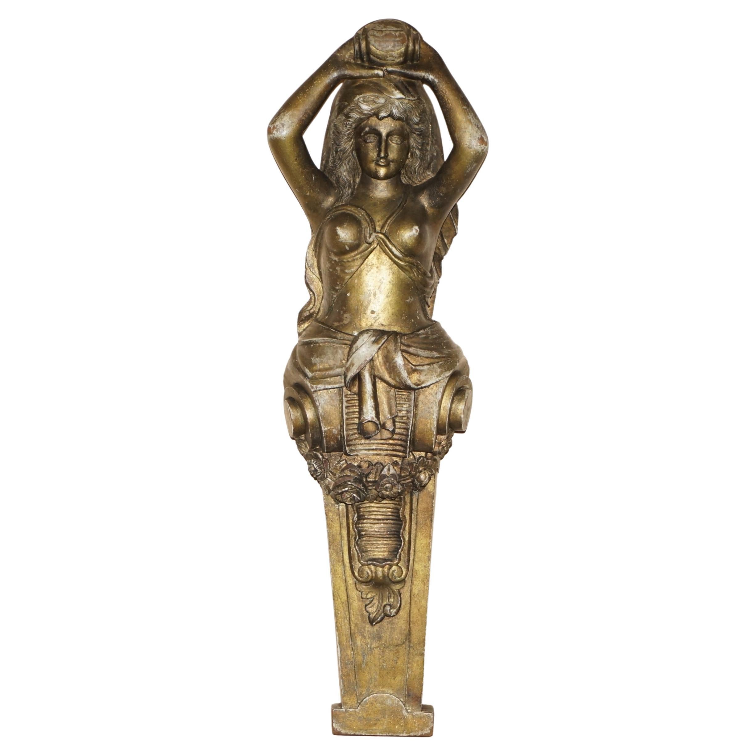 ANTIQUE STATUE D'HERME ITALIENNE CiRCA 1880 CARYATIDE EN BOIS D'OR, Taillée à la main.