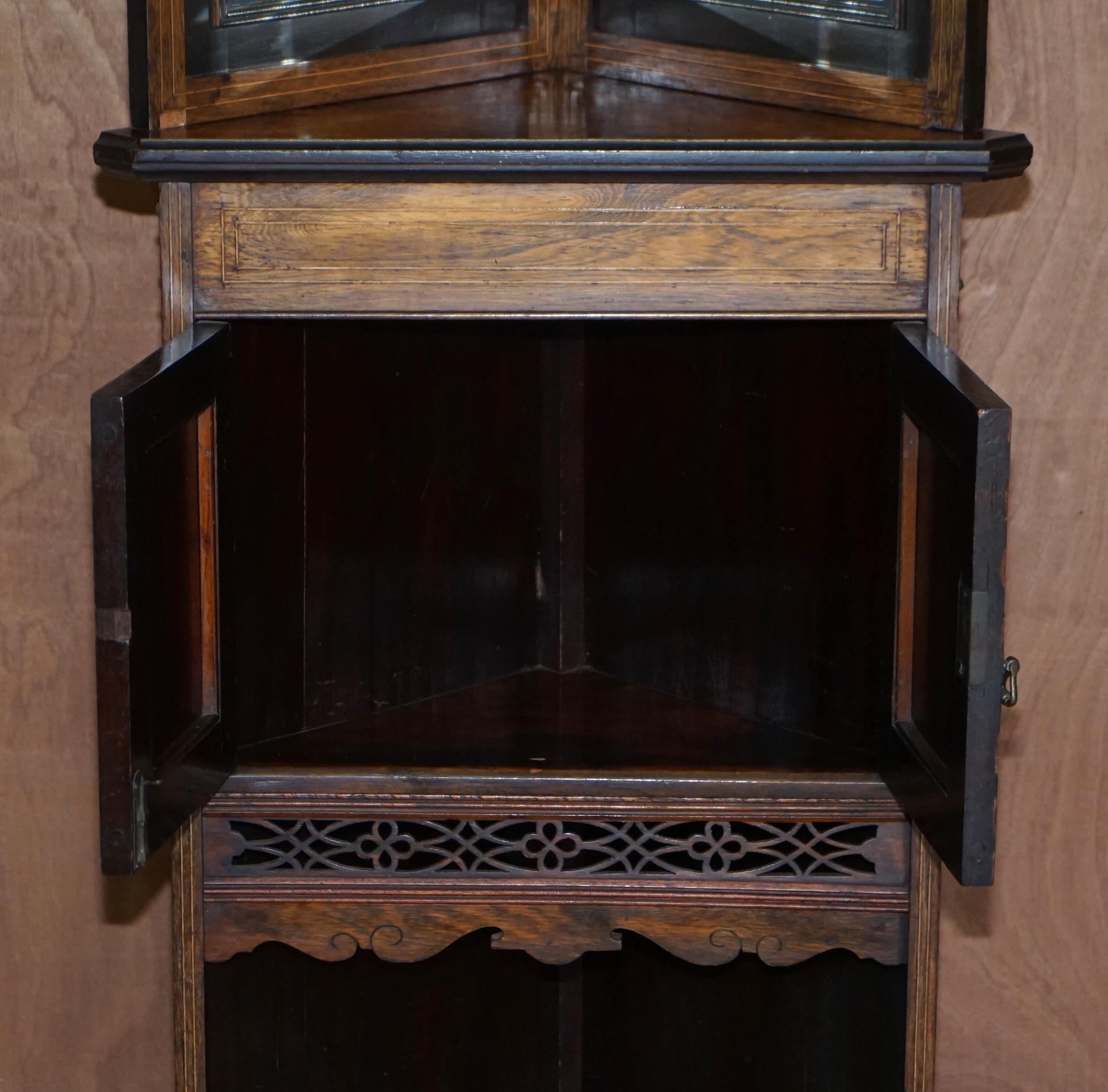 Antique Italian circa 1880 Hardwood, Boxwood Inlay Mirrored Back Corner Cabinet For Sale 9