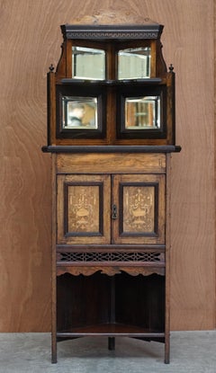 Antique Italian circa 1880 Hardwood, Boxwood Inlay Mirrored Back Corner Cabinet