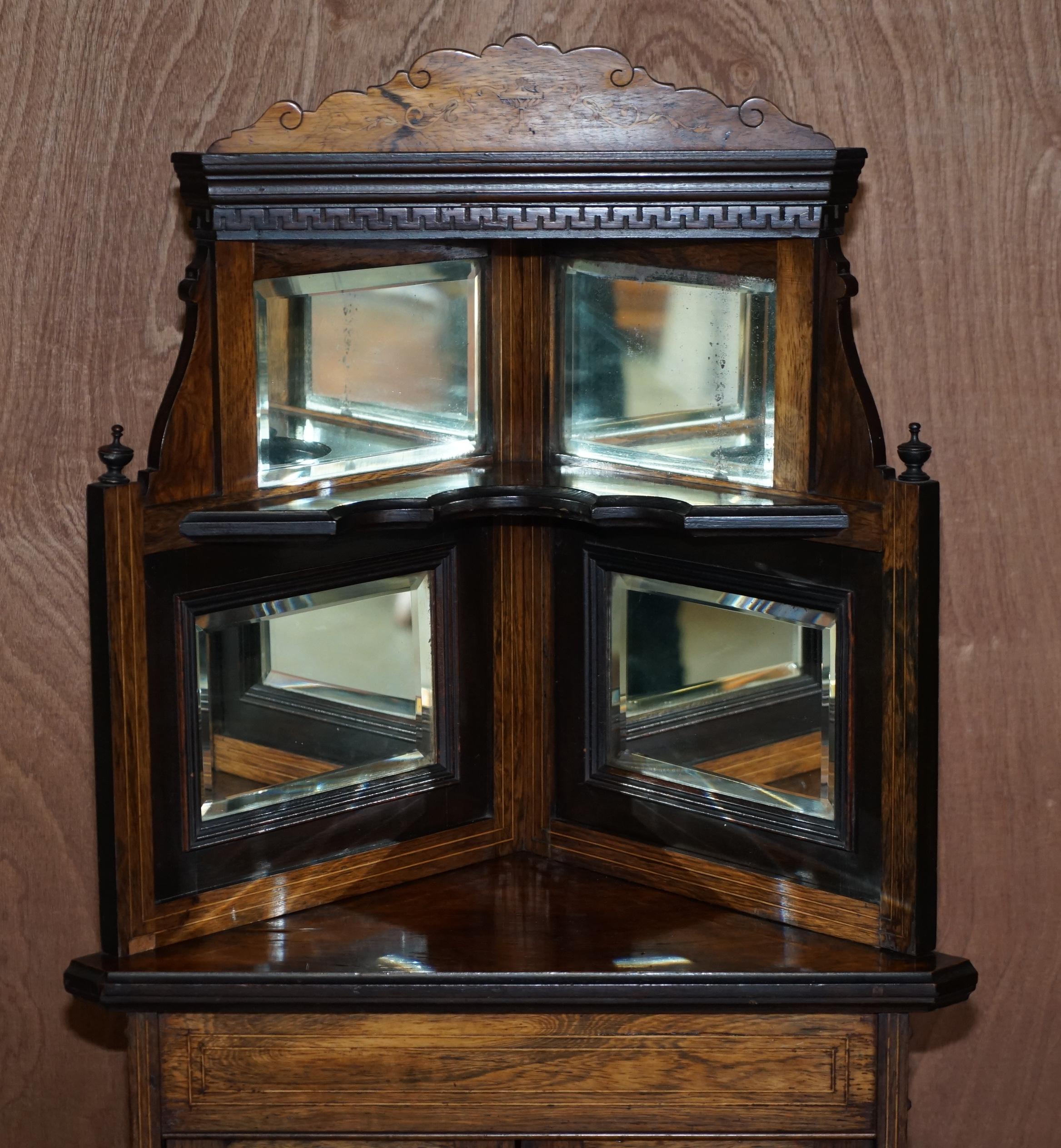 Renaissance Antique Italian circa 1880 Hardwood, Boxwood Inlay Mirrored Back Corner Cabinet For Sale