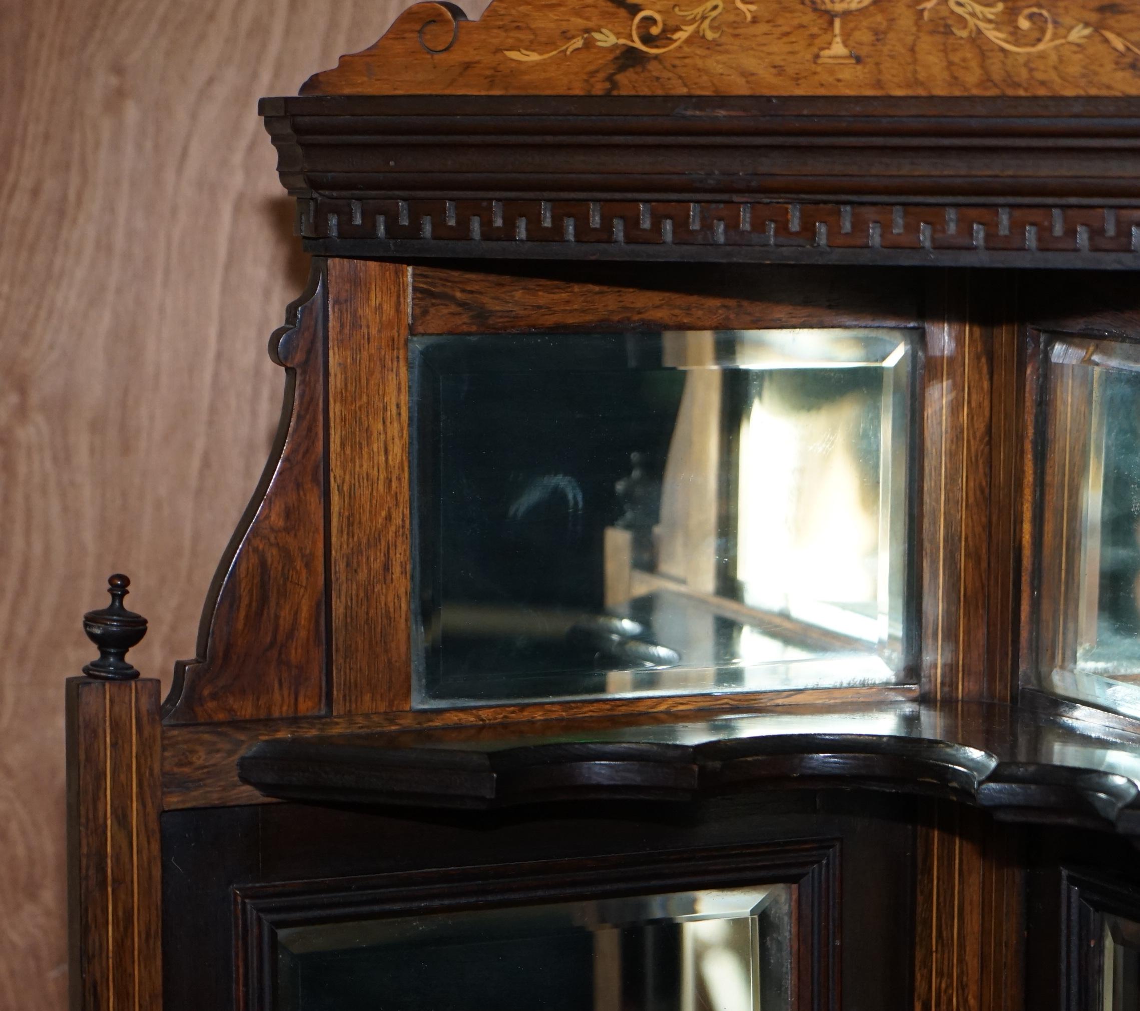 Late 19th Century Antique Italian circa 1880 Hardwood, Boxwood Inlay Mirrored Back Corner Cabinet For Sale