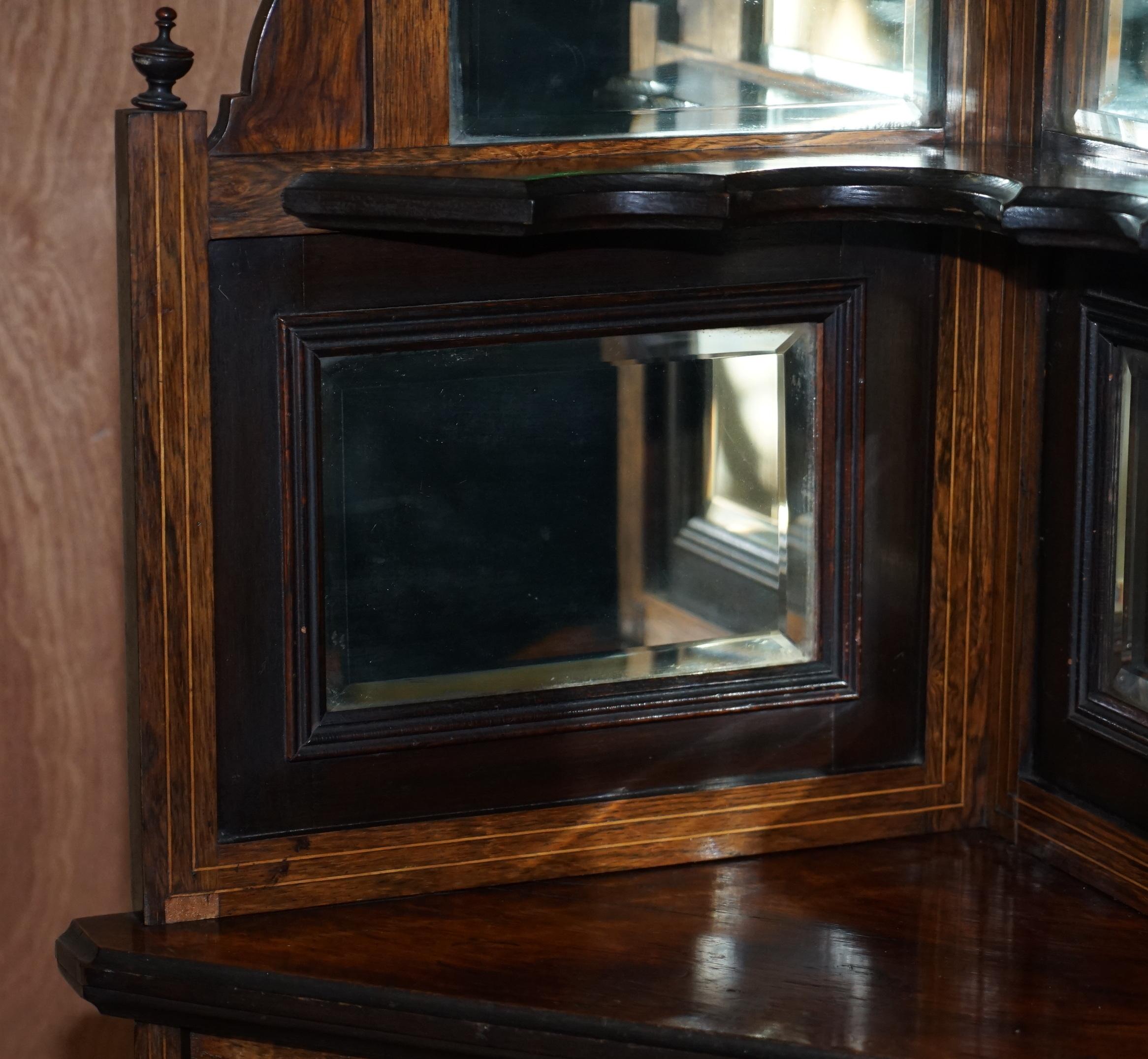 Antique Italian circa 1880 Hardwood, Boxwood Inlay Mirrored Back Corner Cabinet For Sale 1