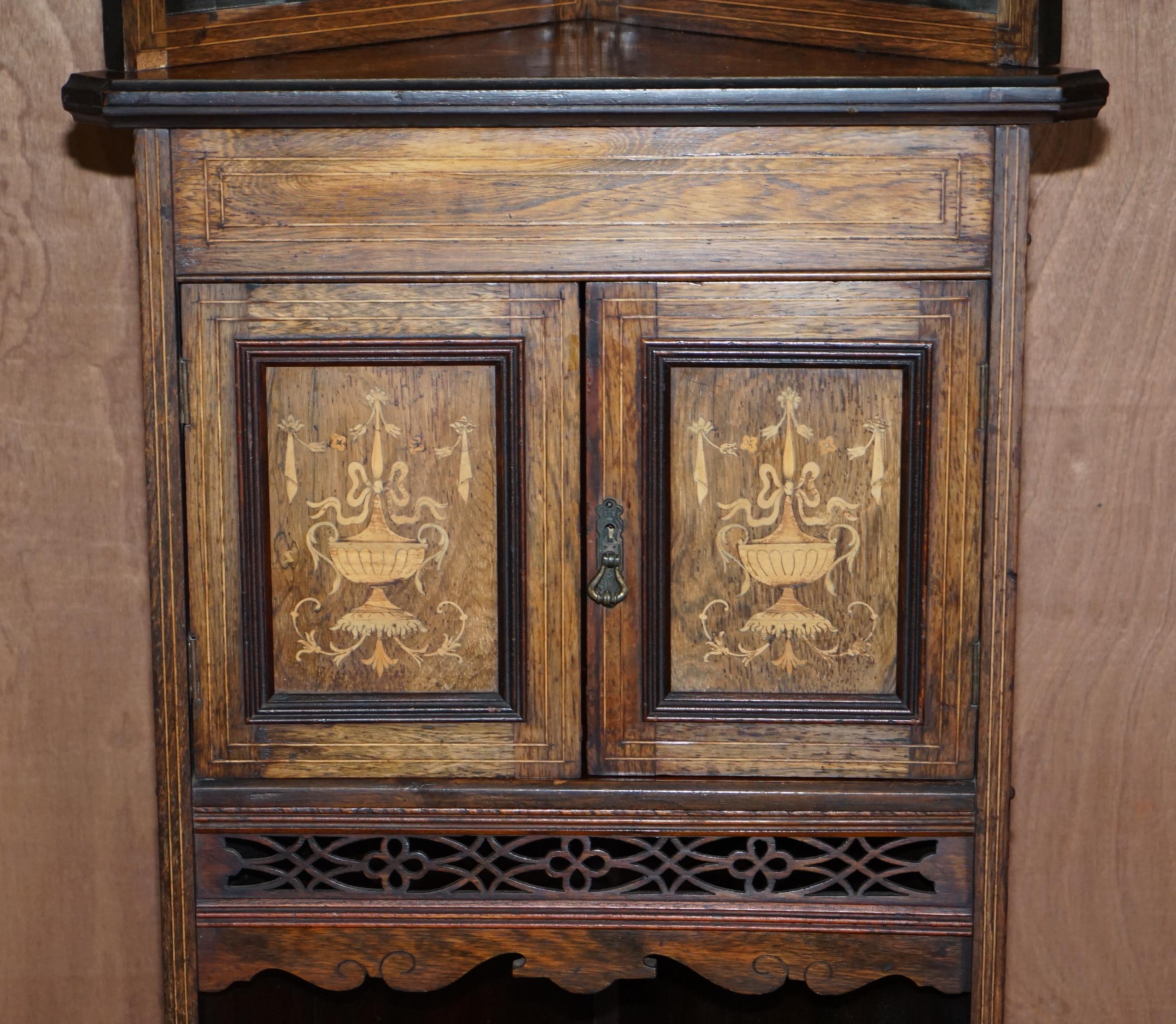 Antique Italian circa 1880 Hardwood, Boxwood Inlay Mirrored Back Corner Cabinet For Sale 3