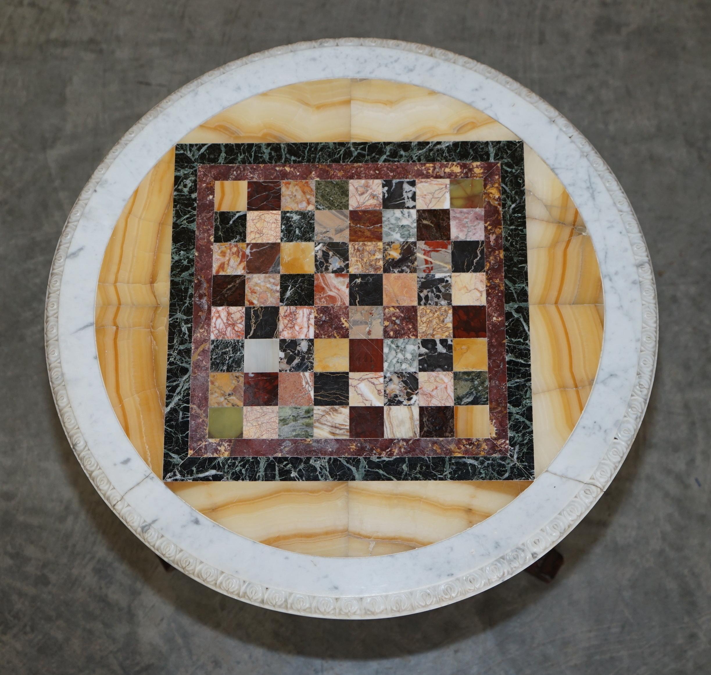 High Victorian Antique Italian circa 1880 Pietra Dura Marble Chess Table Ornate Mahogany Base For Sale