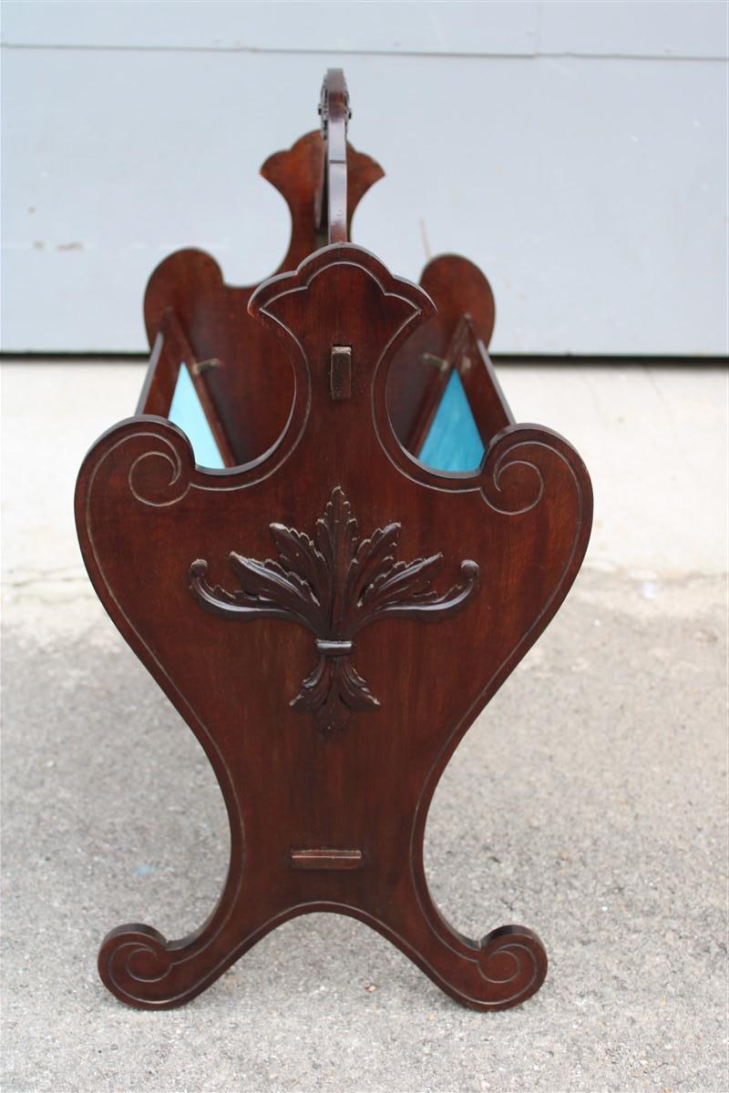 Antique Italian Classic Carved Walnut Magazine Rack Blue Velvet Florentine Lily For Sale 2