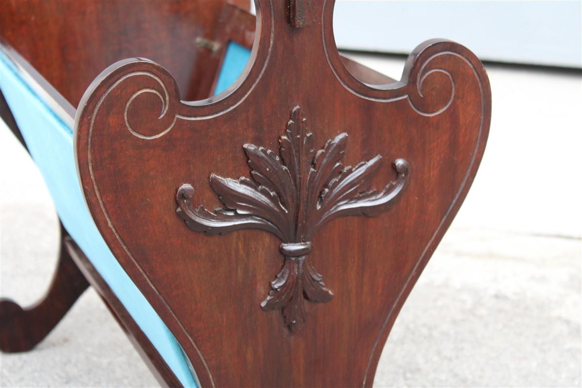 Antique Italian Classic Carved Walnut Magazine Rack Blue Velvet Florentine Lily For Sale 3