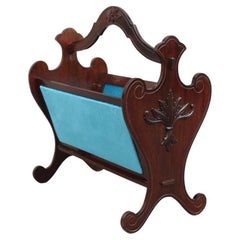 Vintage Italian Classic Carved Walnut Magazine Rack Blue Velvet Florentine Lily