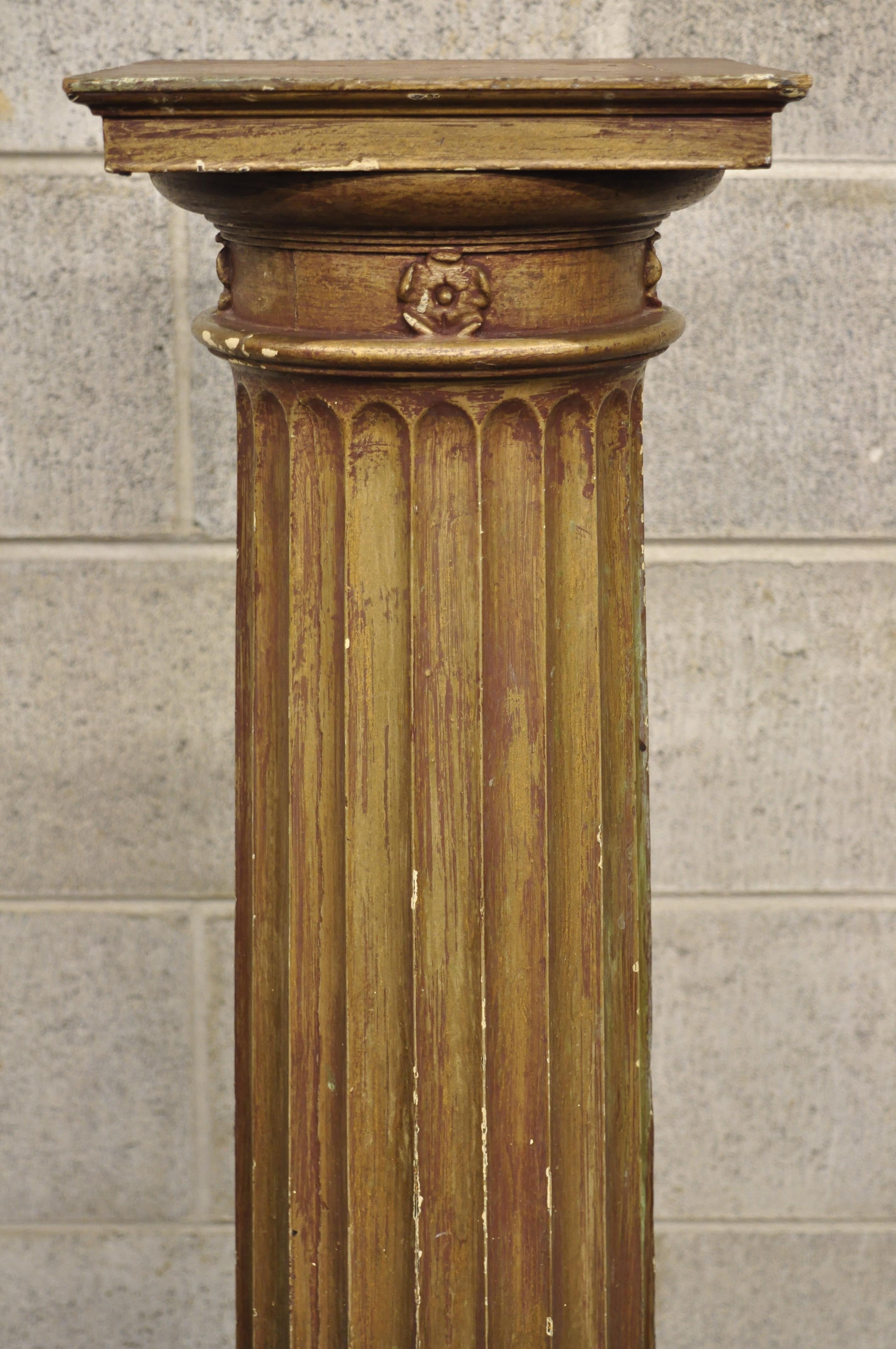 Classical Greek Antique Italian Classical Carved Wood Column Distressed Gold Pedestal