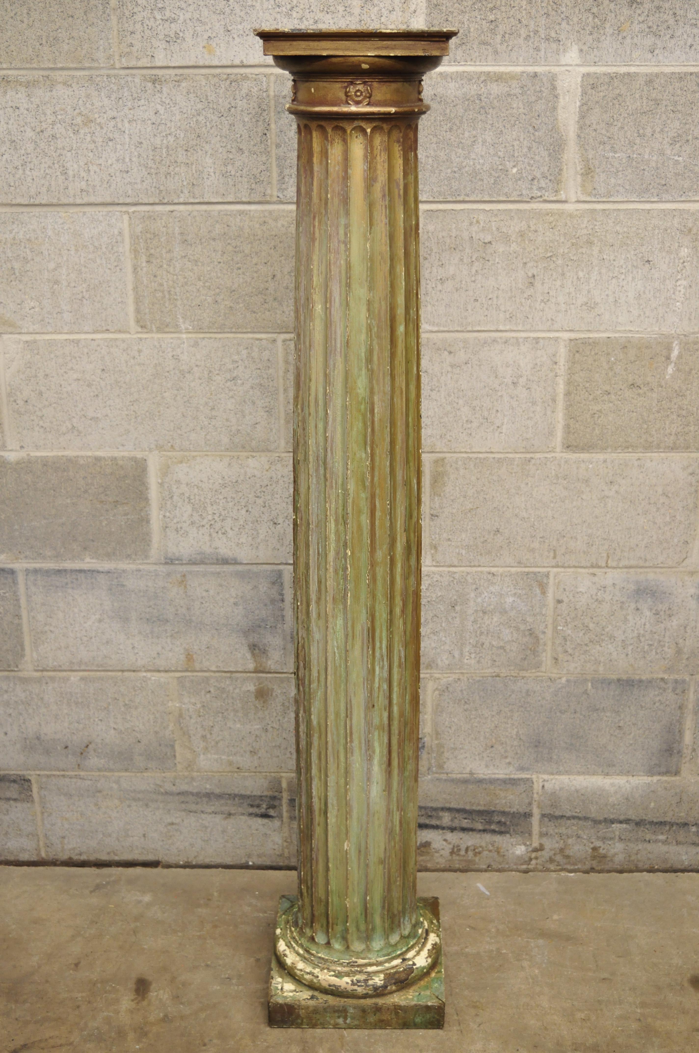 Antique Italian Classical Carved Wood Column Distressed Gold Pedestal 2