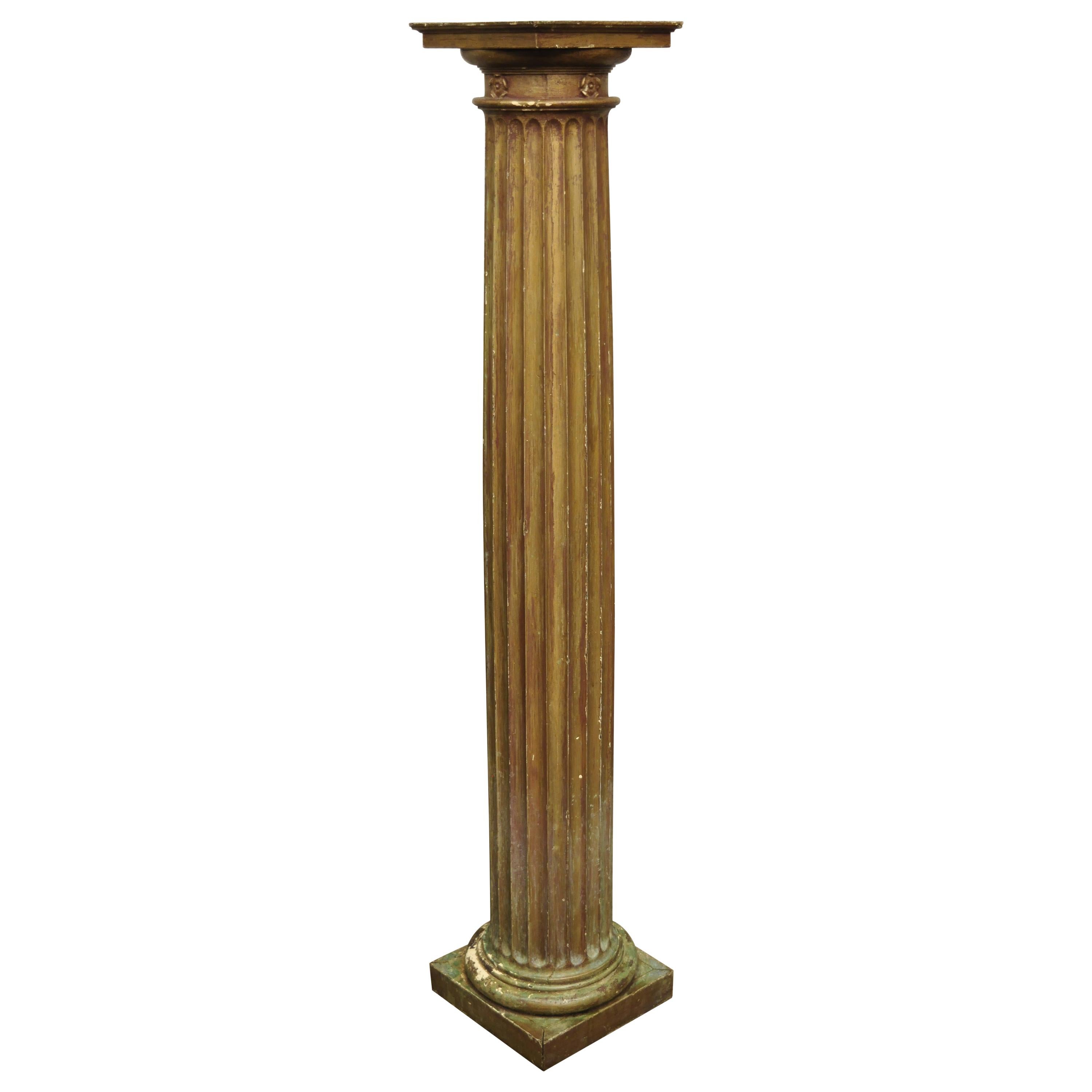 Antique Italian Classical Carved Wood Column Distressed Gold Pedestal