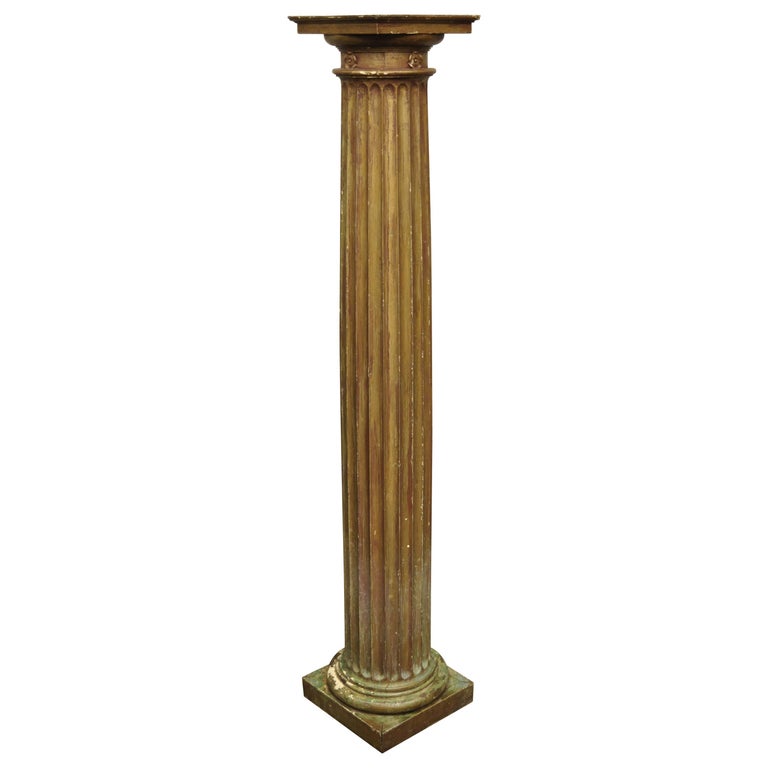 Antique Italian Classical Carved Wood Column Distressed Gold Pedestal at 1stDibs