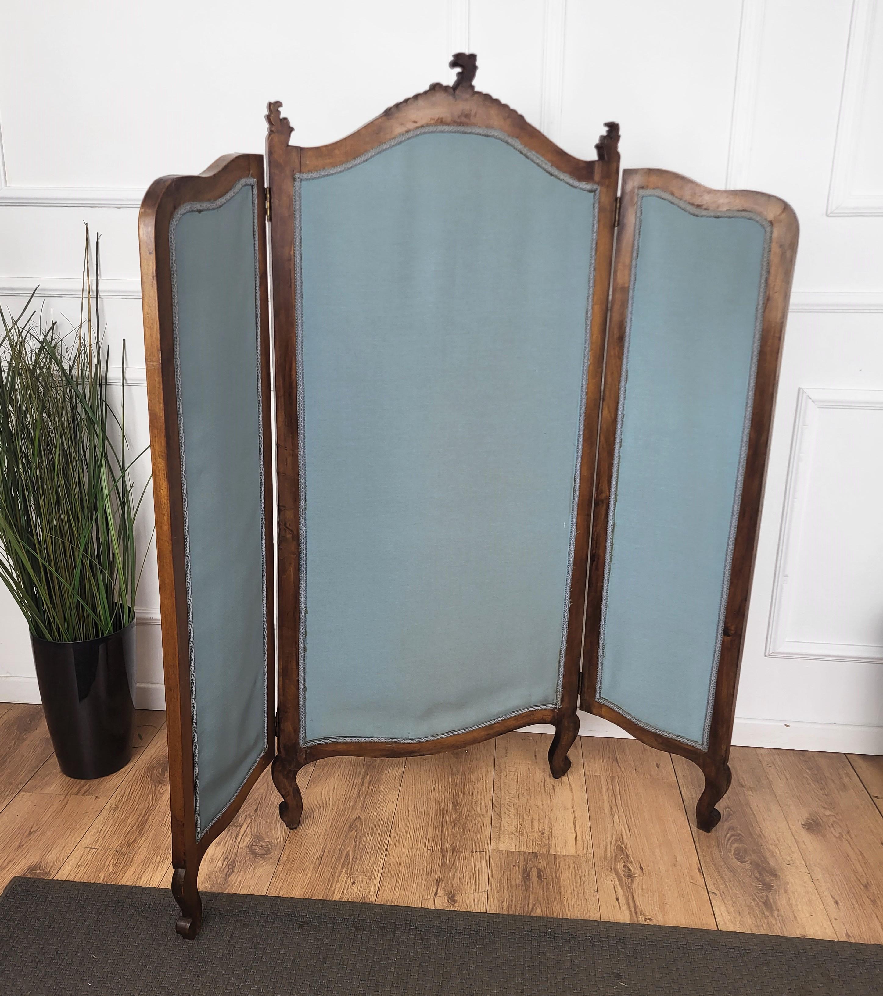 Antique Italian Classical Carved Wood Fabric 3 Panel Folding Screen Room Divider For Sale 2
