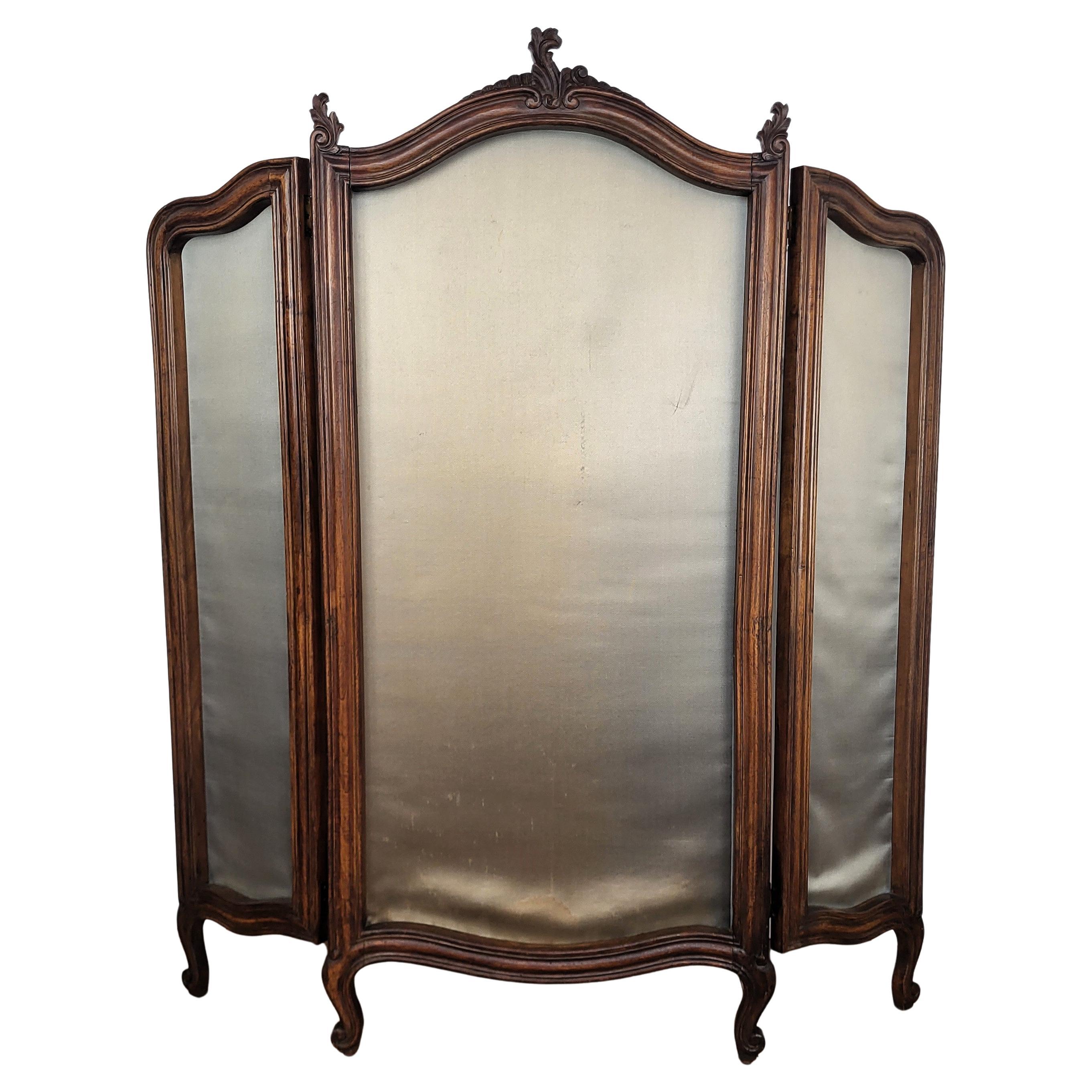 Antique Italian Classical Carved Wood Fabric 3 Panel Folding Screen Room Divider For Sale
