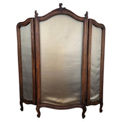 Antique Italian Classical Carved Wood Fabric 3 Panel Folding Screen Room Divider