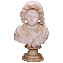 Antique Italian Classical Marble Portrait Bust of Young Girl, circa 1890