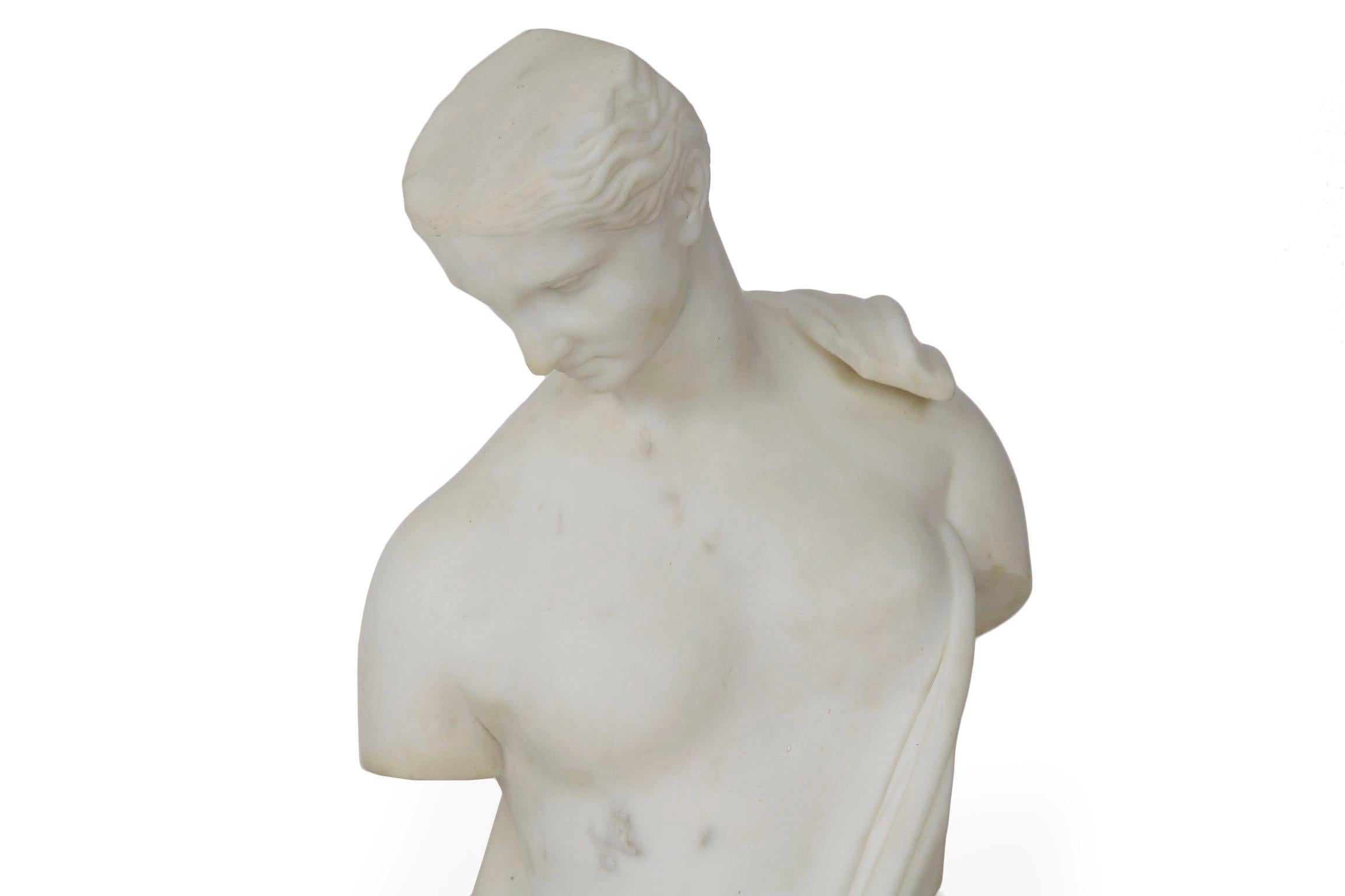 A finely chiseled marble sculpture of a goddess draped in a loose garb, it is signed in script T. Vacca along the side and dated 1866. The original was found in the amphitheater of Capua in Italy during the 18th century, the sculpture is believed to