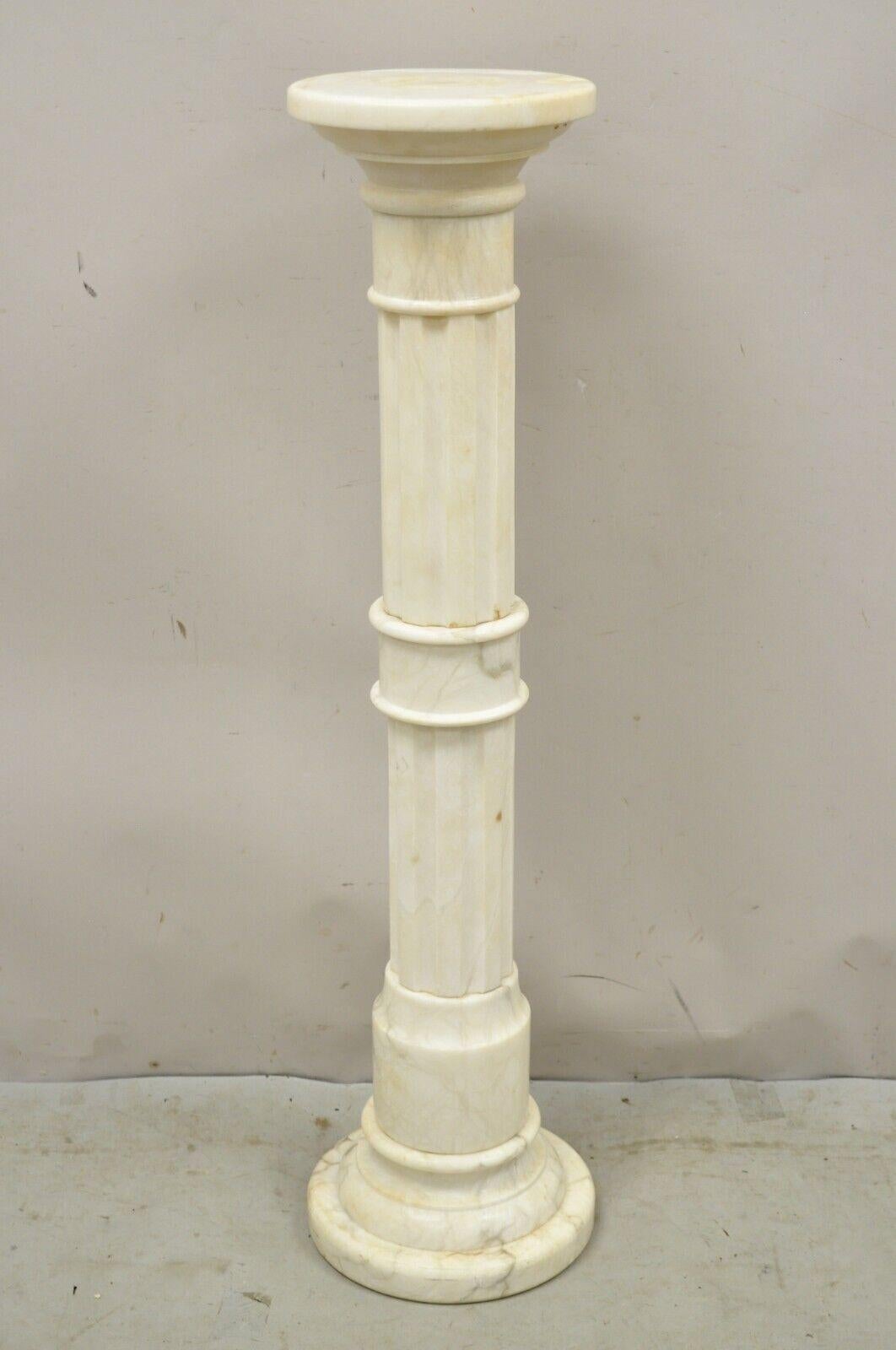 Antique Italian Classical Style White Marble Round Column Pedestal Plant Stand. Circa Early 20th Century. Measurements: 44