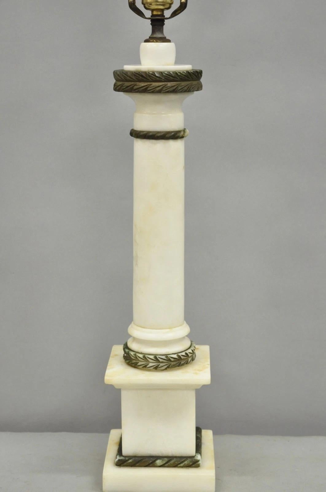 Neoclassical Antique Italian Classical White Carved Marble Empire Column Table Lamp For Sale