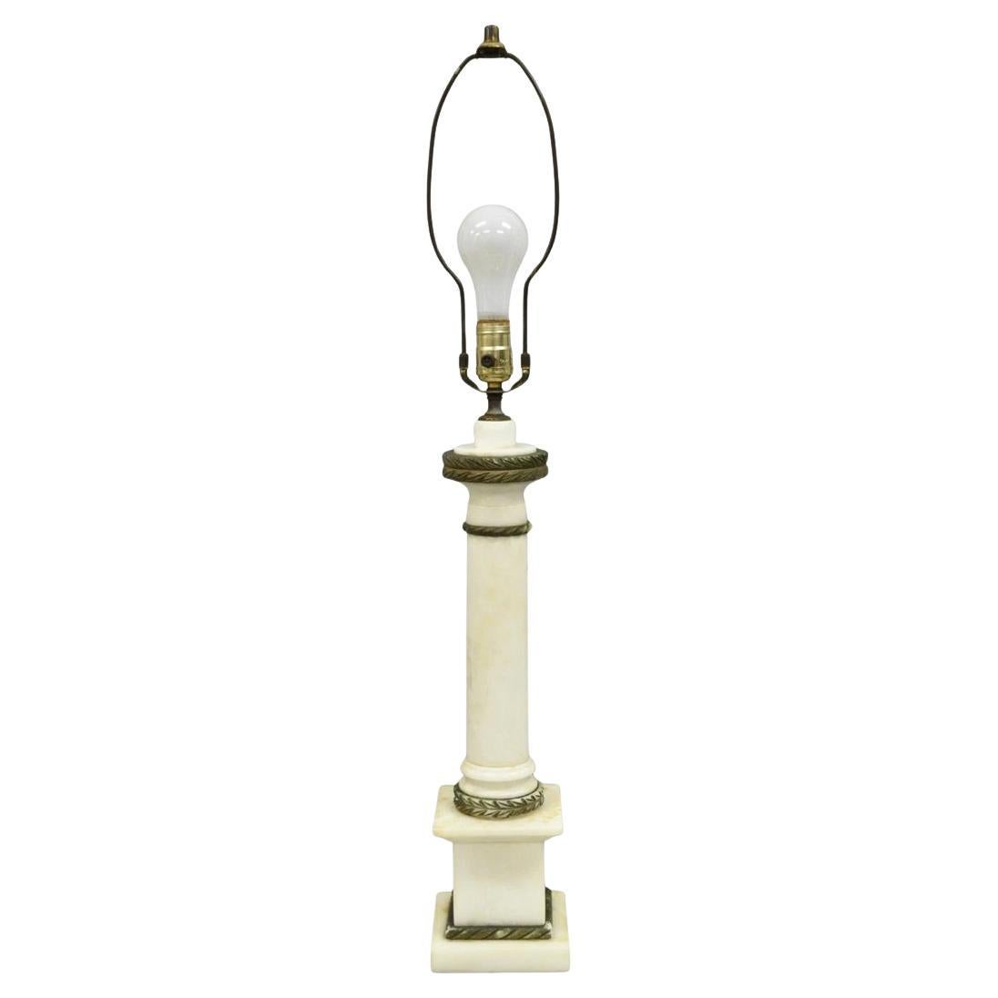 Antique Italian Classical White Carved Marble Empire Column Table Lamp For Sale