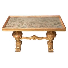 Antique Italian coffee table, gilt, textiles 