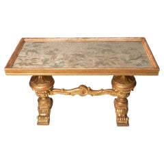 Antique Italian coffee table, gilt, textiles