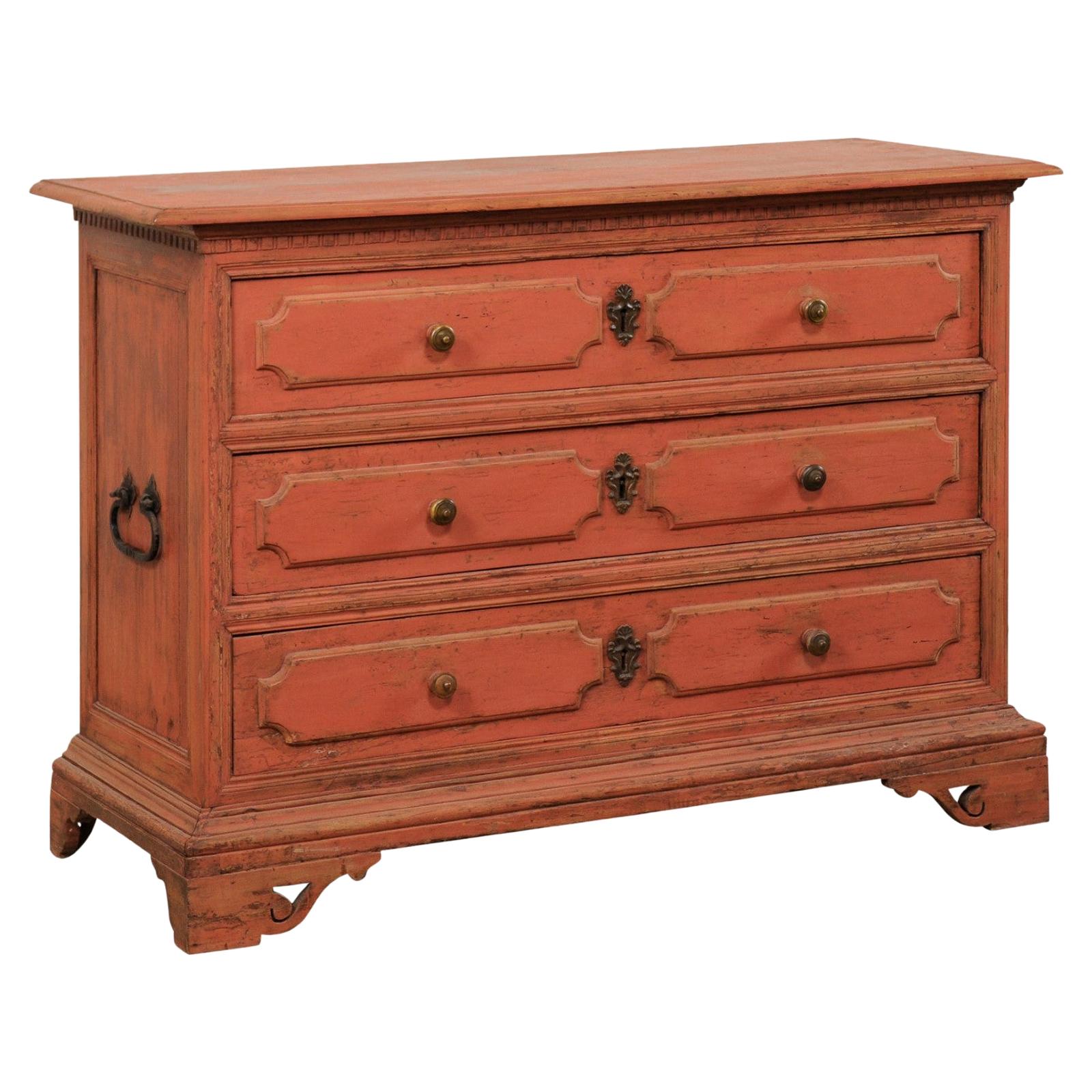 Antique Italian Commode of Three Graduated Drawers in Muted Red Color For Sale
