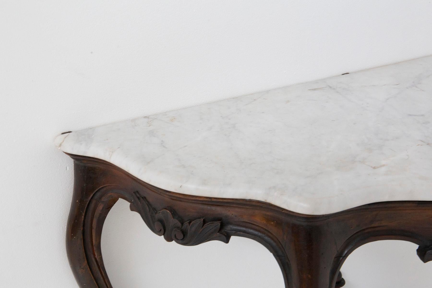 Antique Italian Console in Wood and White Marble For Sale 2